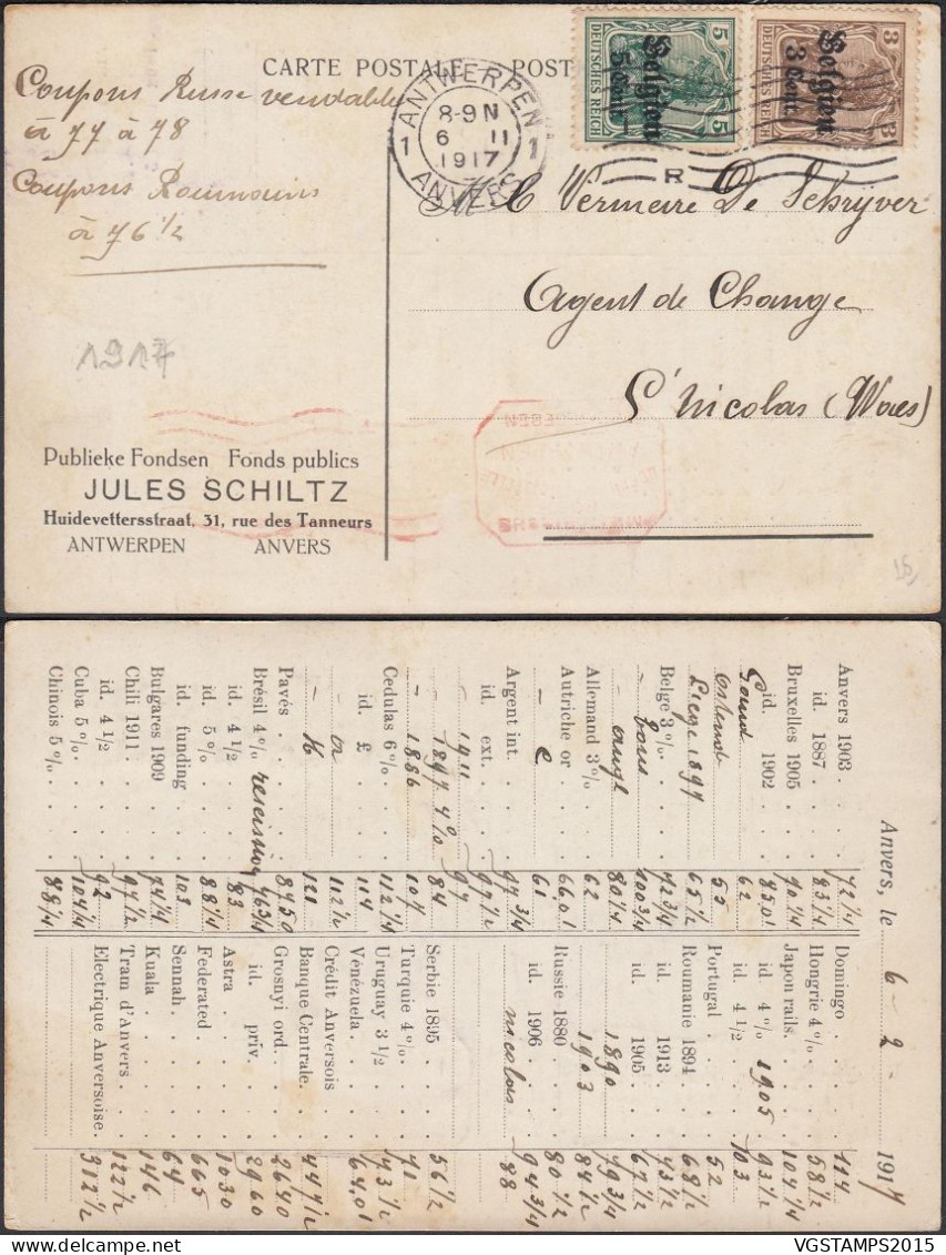 Belgique 1917 (Occupation Allemagne) - Carte Postale Vers St. Nicolas Avec Coupons D'emprunts. PAS COMMUN. (EB) AR-02465 - Armada Alemana