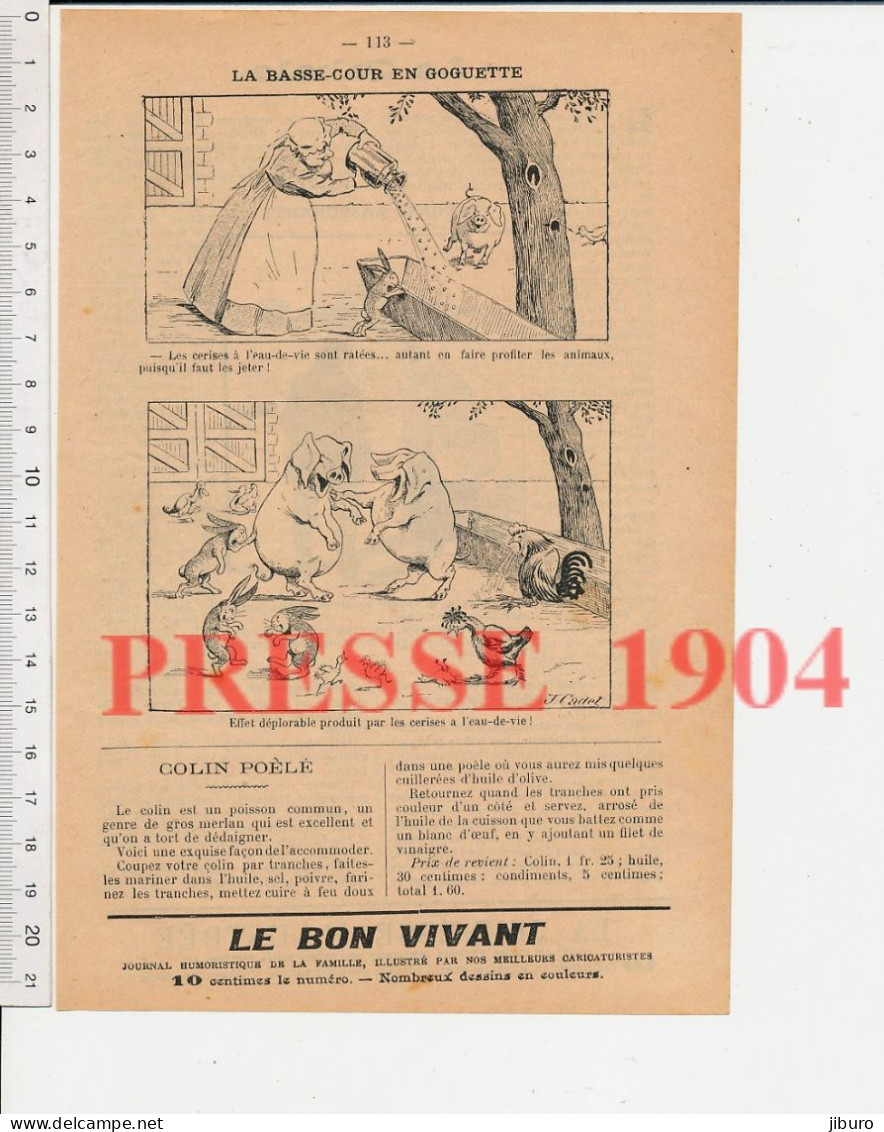 Humour Dessin J. Cadet Basse-cour Poultry Nourriture Cochon Ferme Animal Coq Poule Cerises à L'eau-de-vie Noyade Rivière - Unclassified