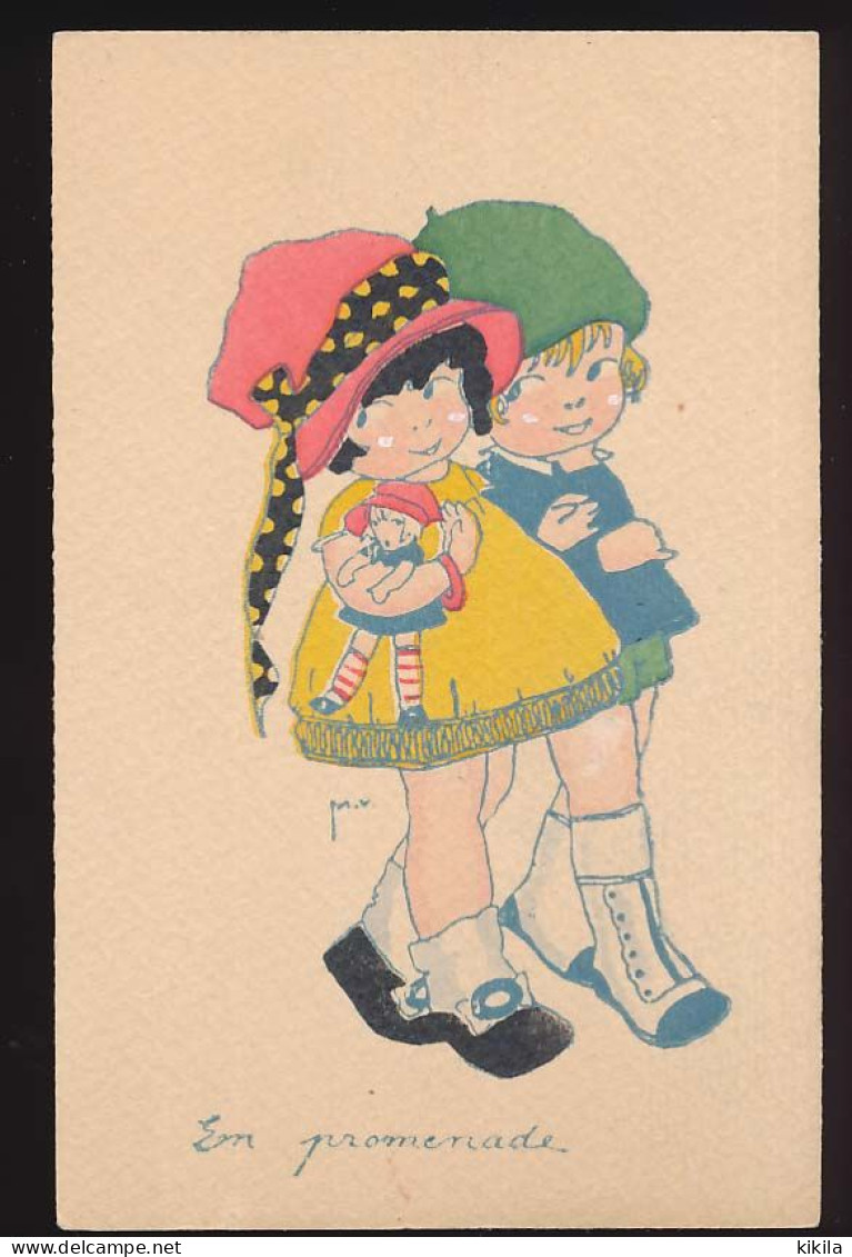 CPSM 9 X 14 Illustrateur Couple Fillettes "En Promenade" Poupée - Contemporary (from 1950)