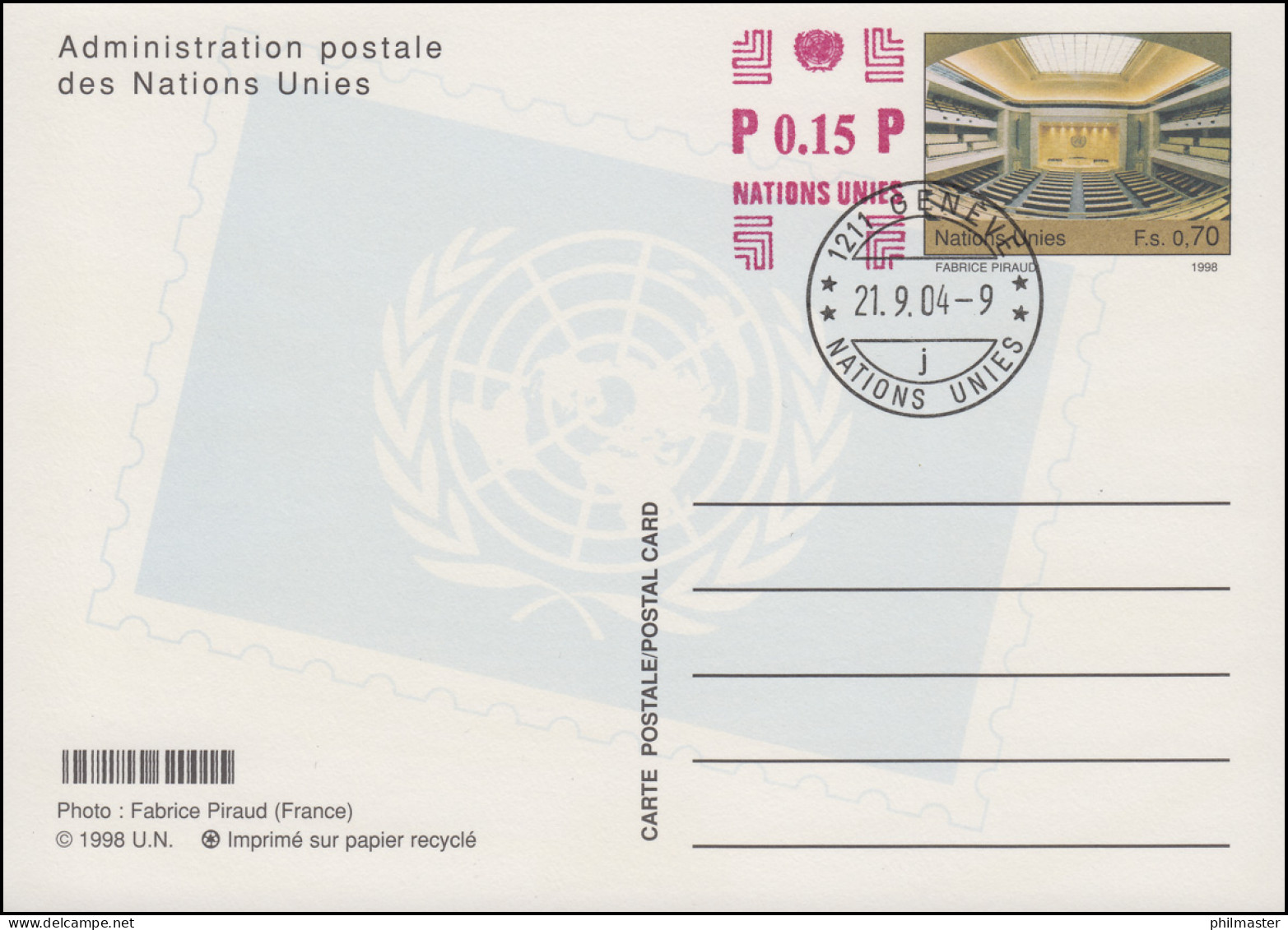 UNO Genf Postkarte P 16 Sitzungssaal 0,70 + 0,15 Franken 2004, ET-O 21.9.2004 - Sonstige & Ohne Zuordnung