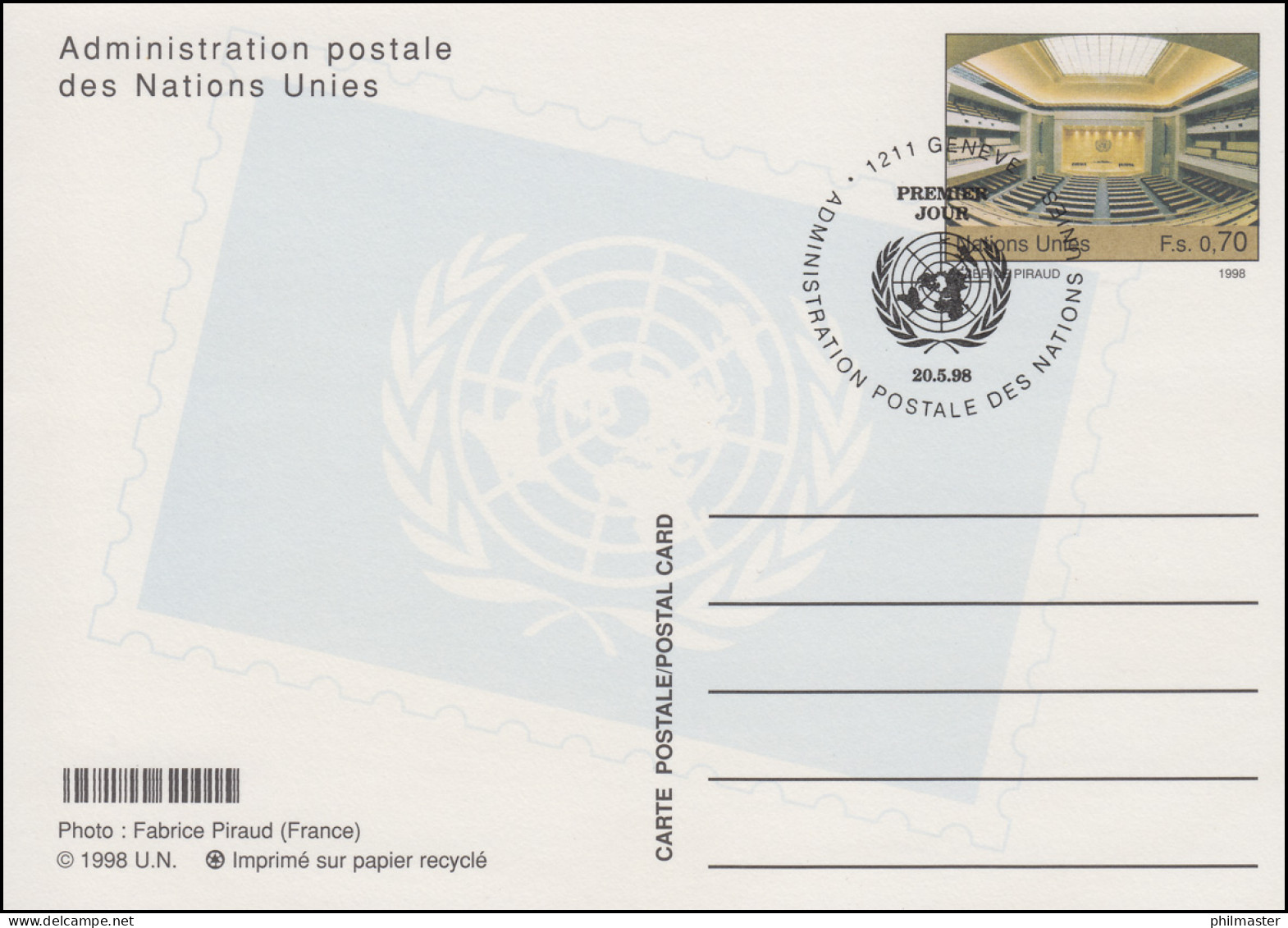 UNO Genf Postkarte P 13 Sitzungssaal 0,70 Franken 1998, ESSt 20.5.1998 - Otros & Sin Clasificación