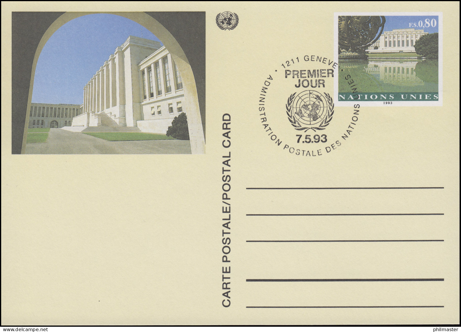 UNO Genf Postkarte P 10 Palais Des Nations 0,80 Franken 1993, ESSt 7.5.1993 - Autres & Non Classés