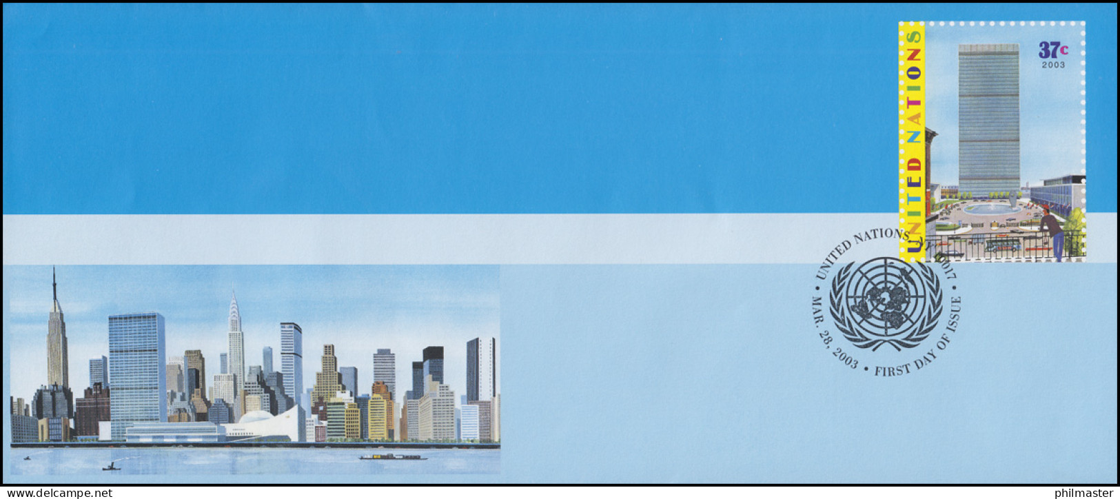 UNO New York Umschlag U 15B Hauptquartier 37 Cent 2003, 242x105, FDC 28.3.2003 - Altri & Non Classificati