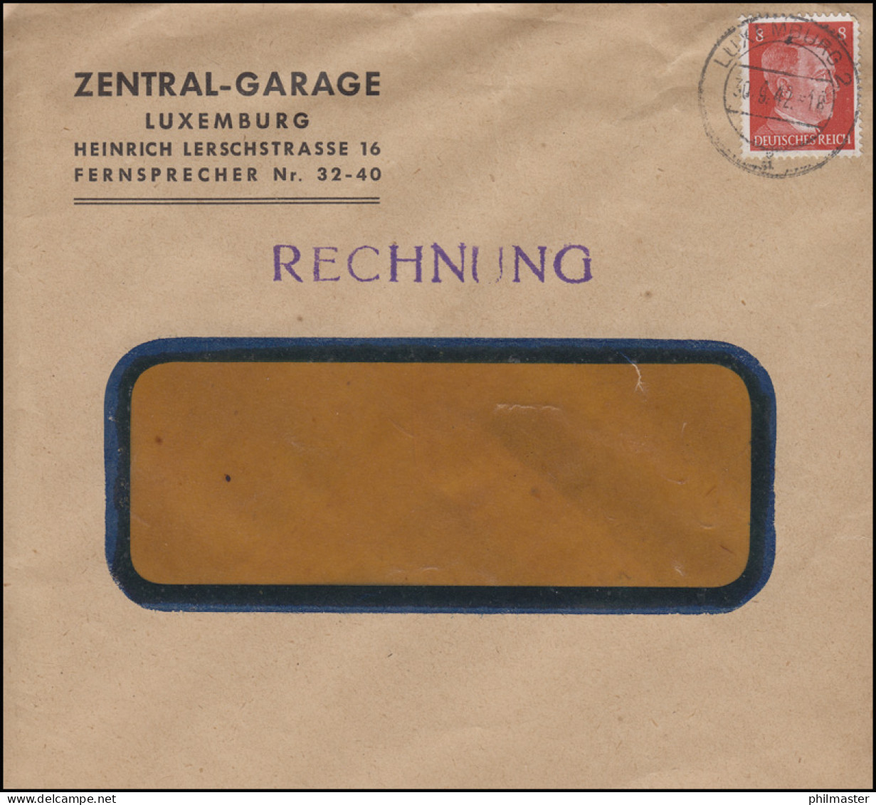 Luxemburg Hitler-EF 8 Pf Zentral-Garage Rechnung Fensterbrief LUXEMBURG 30.9.42 - Cars