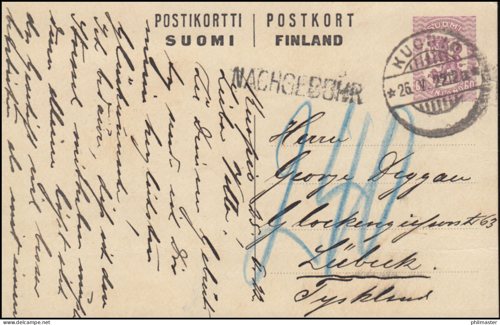 Finnland Postkarte P 56 Wappenlöwe 60 P. Aus KUOPIO 26.5.22 Mit Nachgebühr - Other & Unclassified