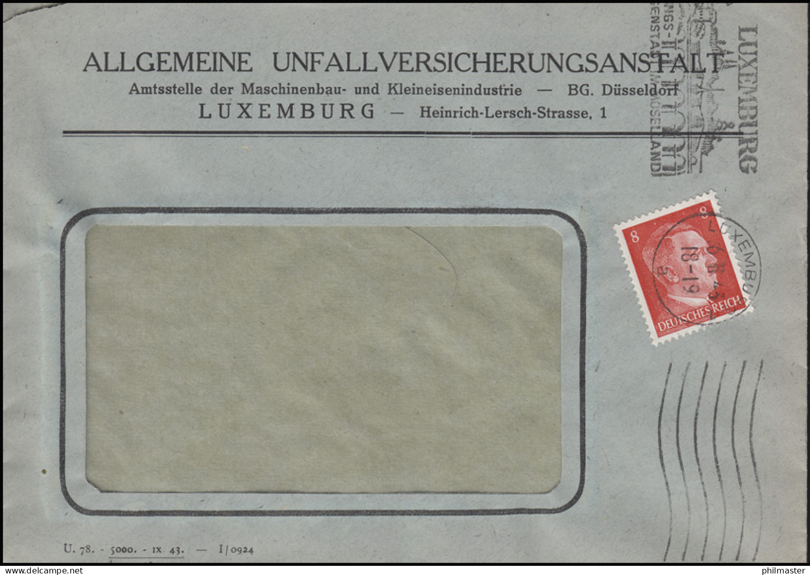 Freimarke Hitler 8 Pf. EF Auf Fensterbrief Unfallversicherung LUXEMBURG 6.11.43 - Geneeskunde