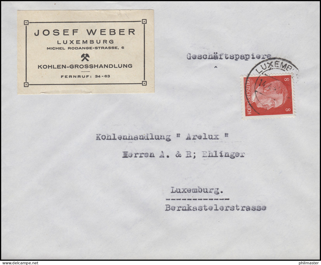 Freimarke Hitler 8 Pf. Orts-Bf. Kohlenhandel Weber LUXEMBURG 14.4.42 An Arelux - Fabrieken En Industrieën