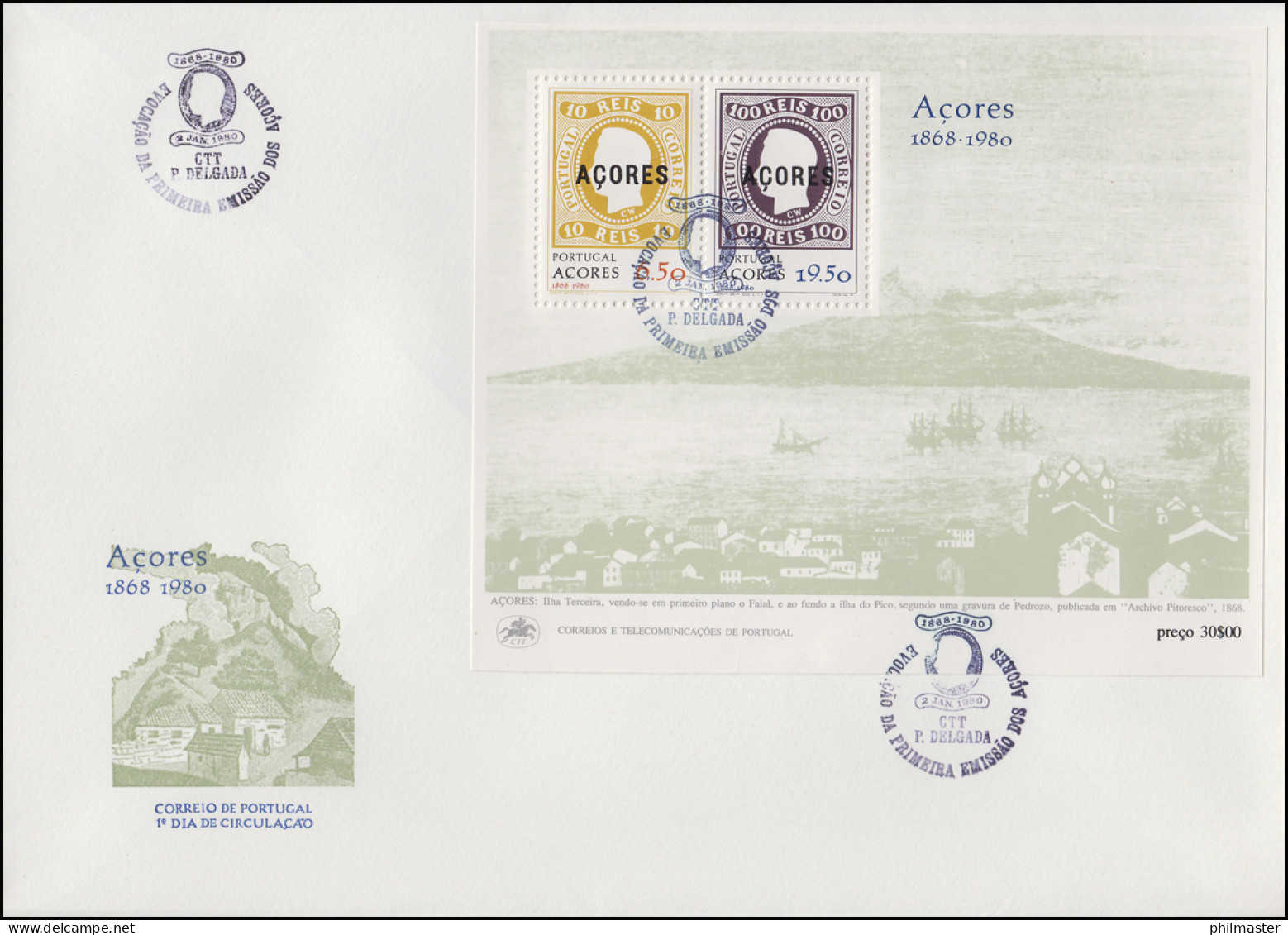 Portugal Azoren Erstausgabe Aufdruck Azoren 1868-1980, Block Auf FDC - Correo Postal