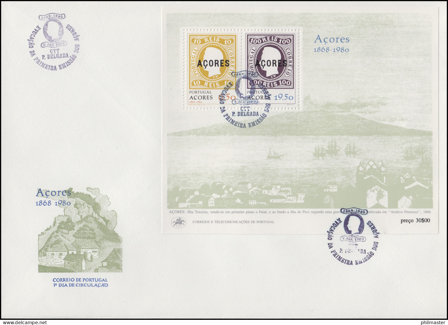 Portugal Azoren Erstausgabe Mit Aufdruck Azoren 1868-1980, Block Auf FDC - Posta