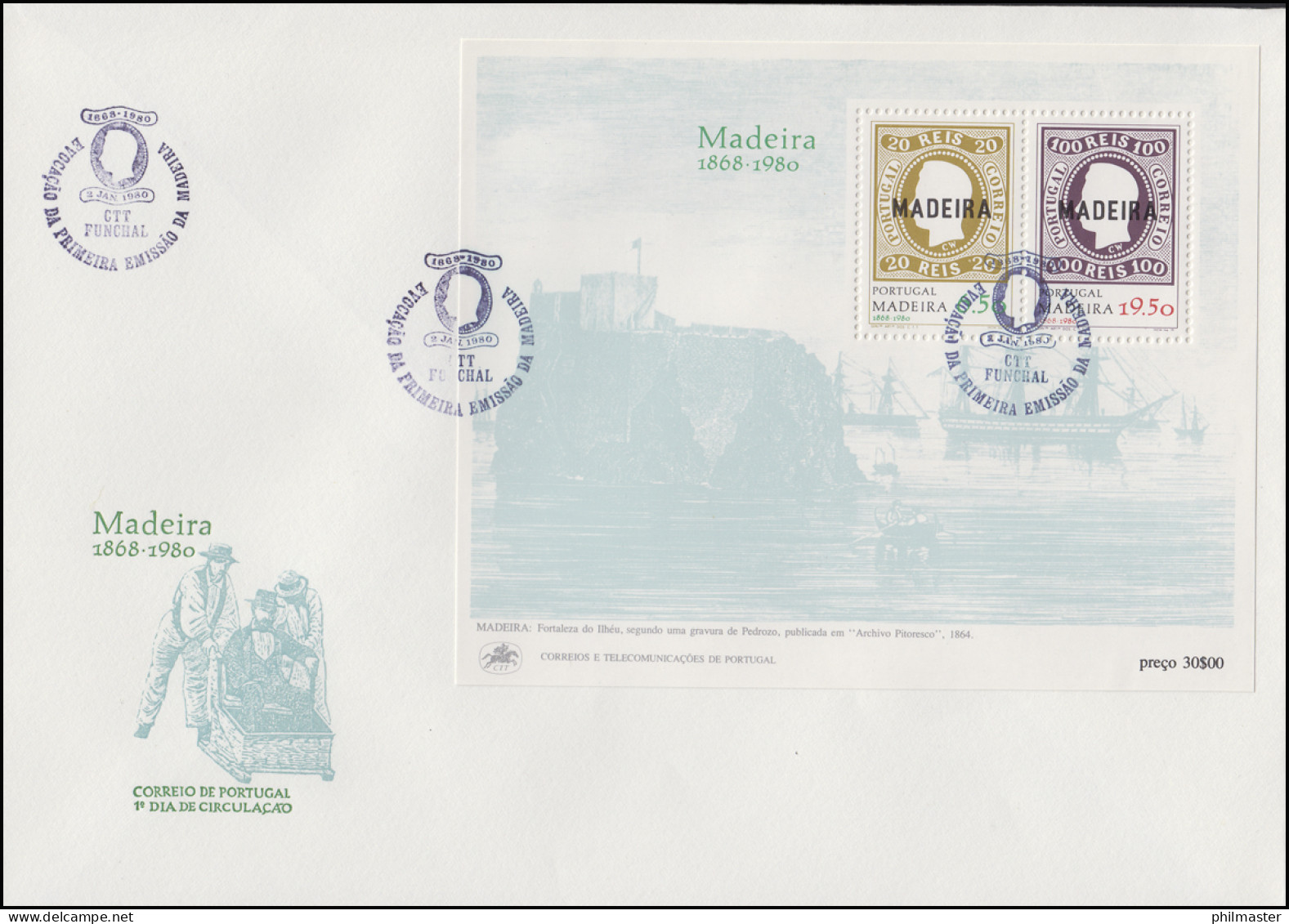 Portugal Madeira Block 1 Mit Aufdruck Madeira 1868-1980, Block Auf FDC - Poste