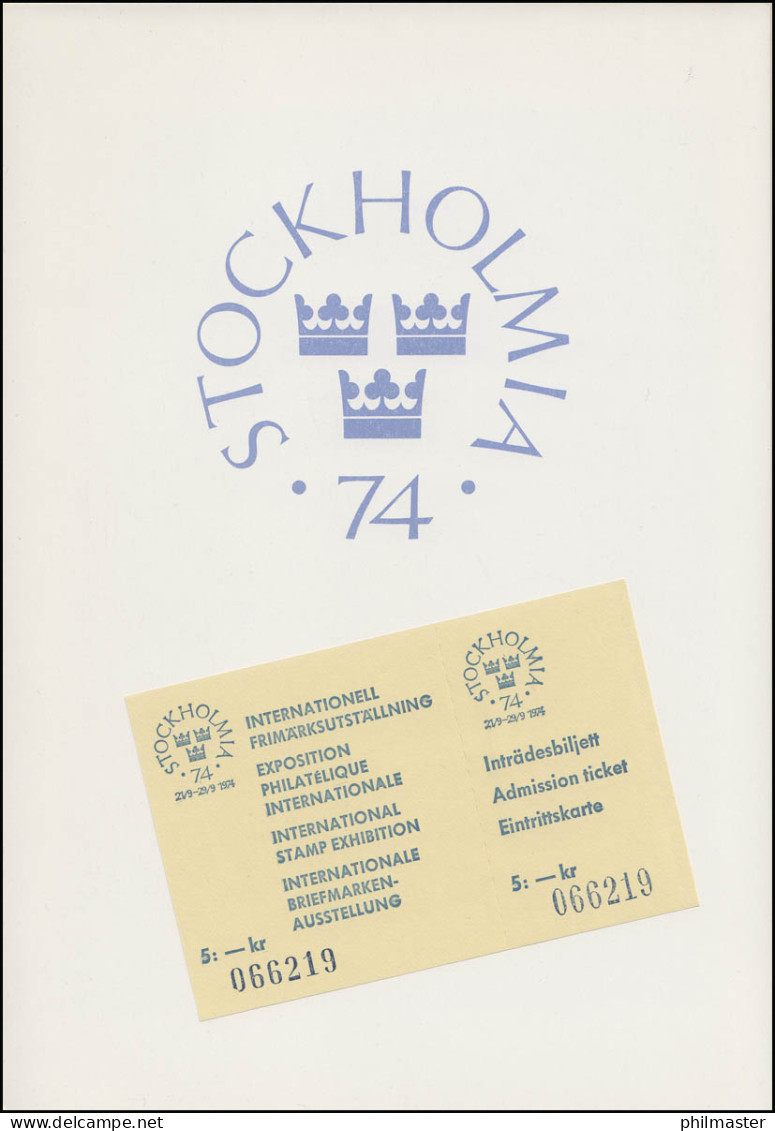 Schweden 4 Sonderblöcke Kpl. & Eintrittskarte STOCKHOLMIA 74 Im Offiz. Folder - Expositions Philatéliques