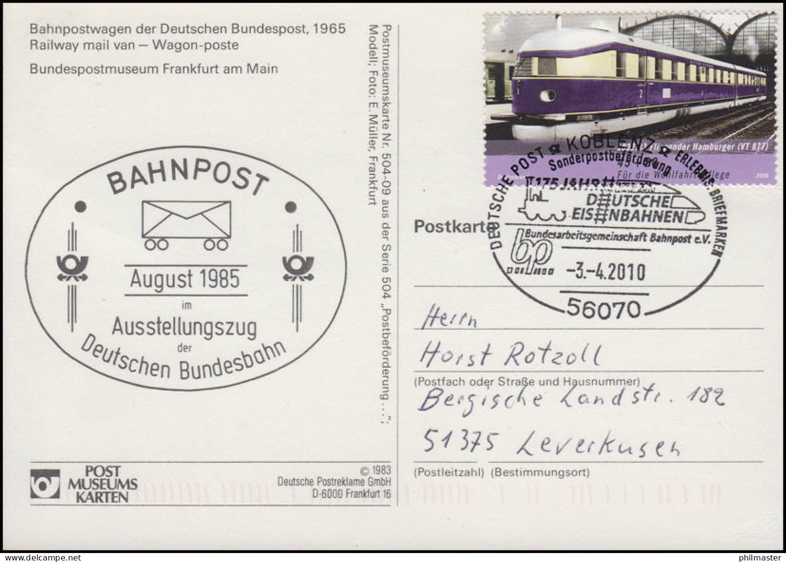 Ansichtskarte Bahnpostwagen Der DB Von 1965, SSt Koblenz BAG Bahnpost 3.4.2010 - Eisenbahnen