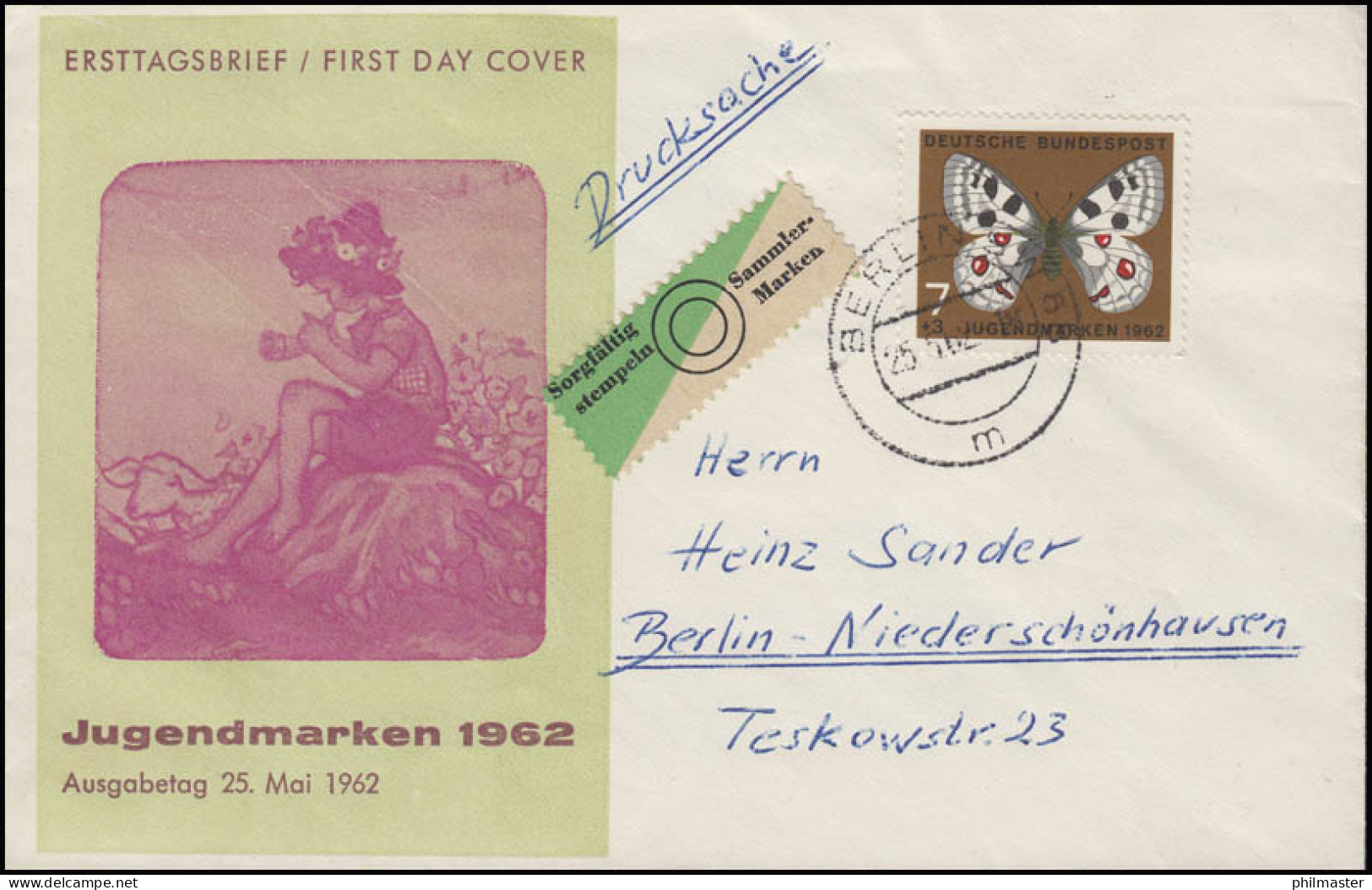 376 Jugend: Schmetterlinge 7 Pf EF FDC Drucksache Ersttagsstempel Berlin 25.5.62 - Butterflies