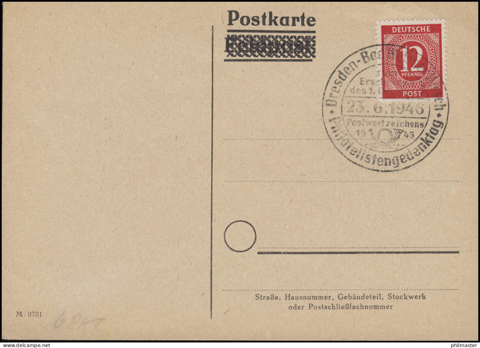 919 Ziffer 12 Pf Blanko-PK SSt Dresden - Bad Weisser Hirsch Erste Marke 23.6.46 - Correo Postal