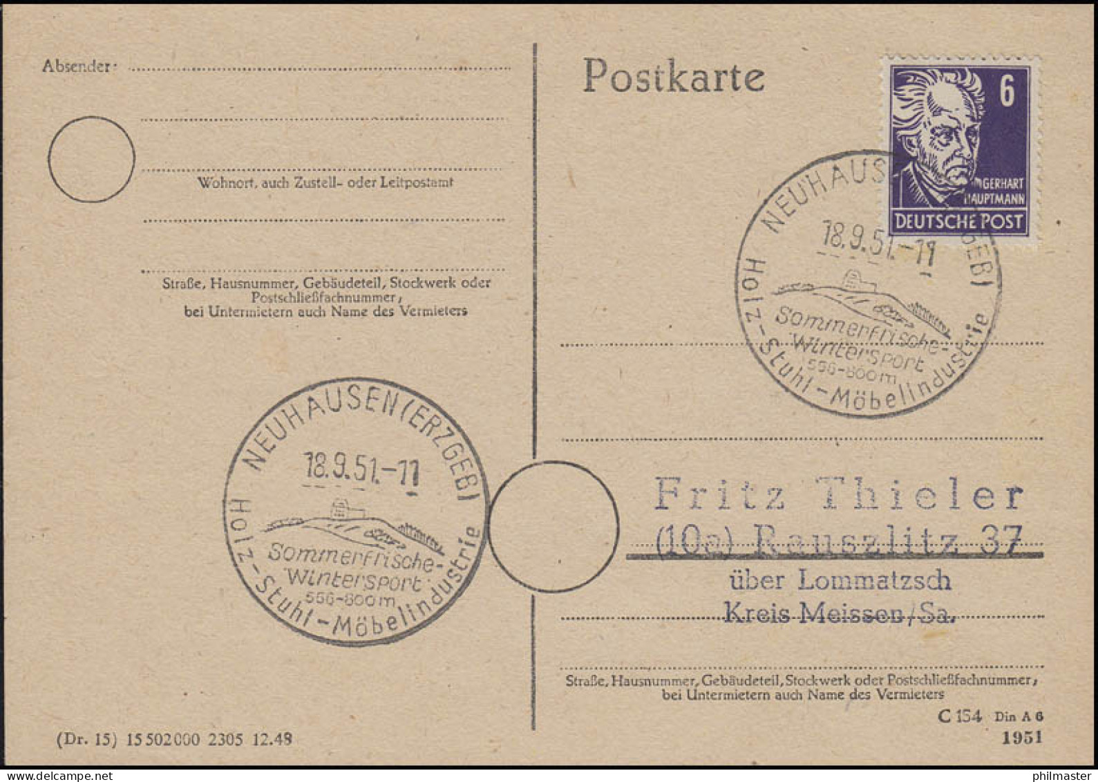 213 Gerhard Hauptmann, PK SSt Neuhausen/Erzgebirge Holz - Stuhl - Möbel 18.9.51 - Landwirtschaft