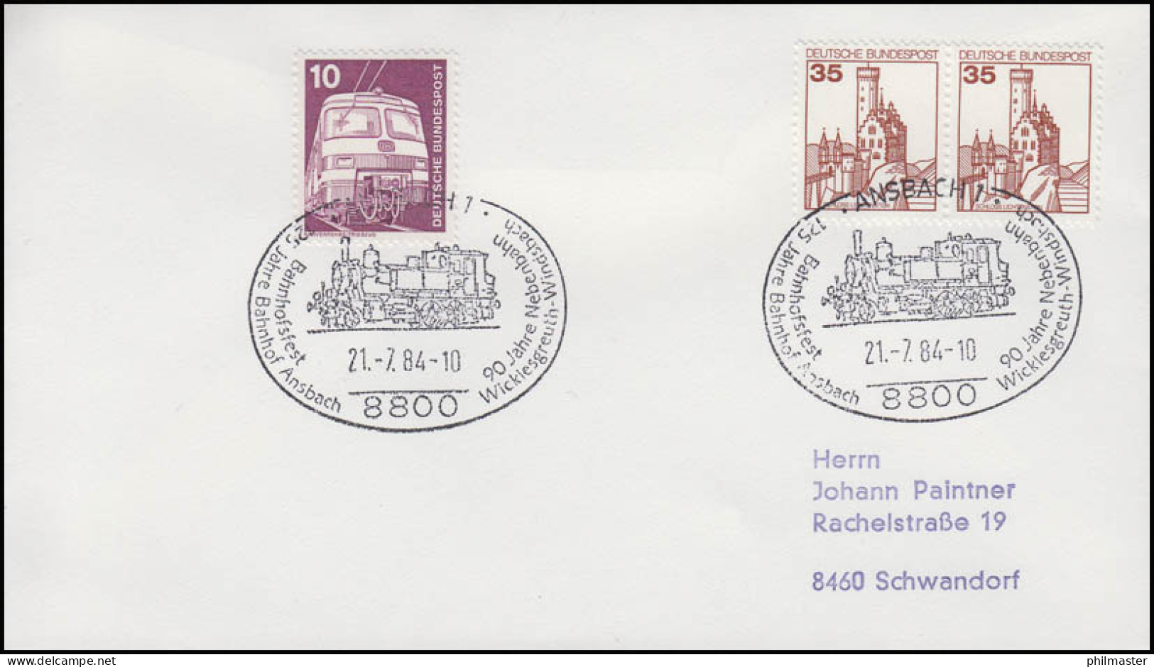 125 Jahre Bahnhof Ansbach & Bahnhofsfest, Brief SSt Ansbach Eisenbahn 21.7.1984 - Eisenbahnen