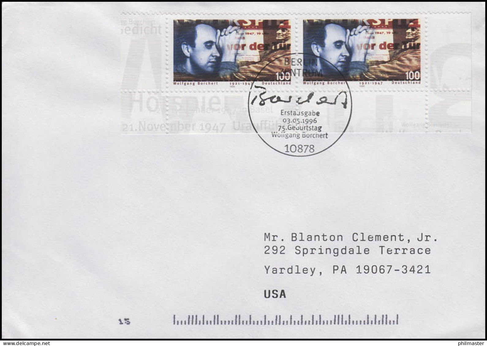 1858 Wolfgang Borchert Schriftsteller, MeF FDC ESSt Berlin 3.5.1996 In Die USA - Scrittori