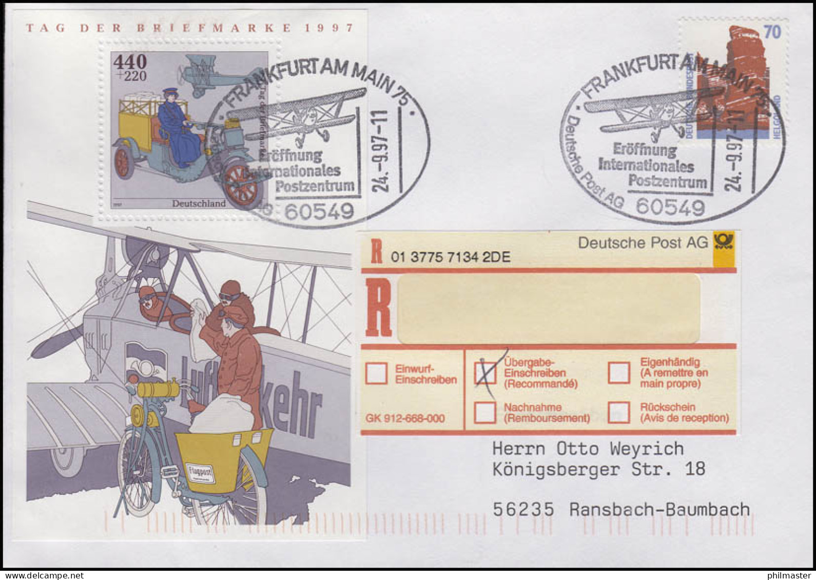 Block 41 Tag Der Briefmarke, MiF R-Brief SSt Frankfurt/Main Flugzeug 24.9.1997  - Stamp's Day