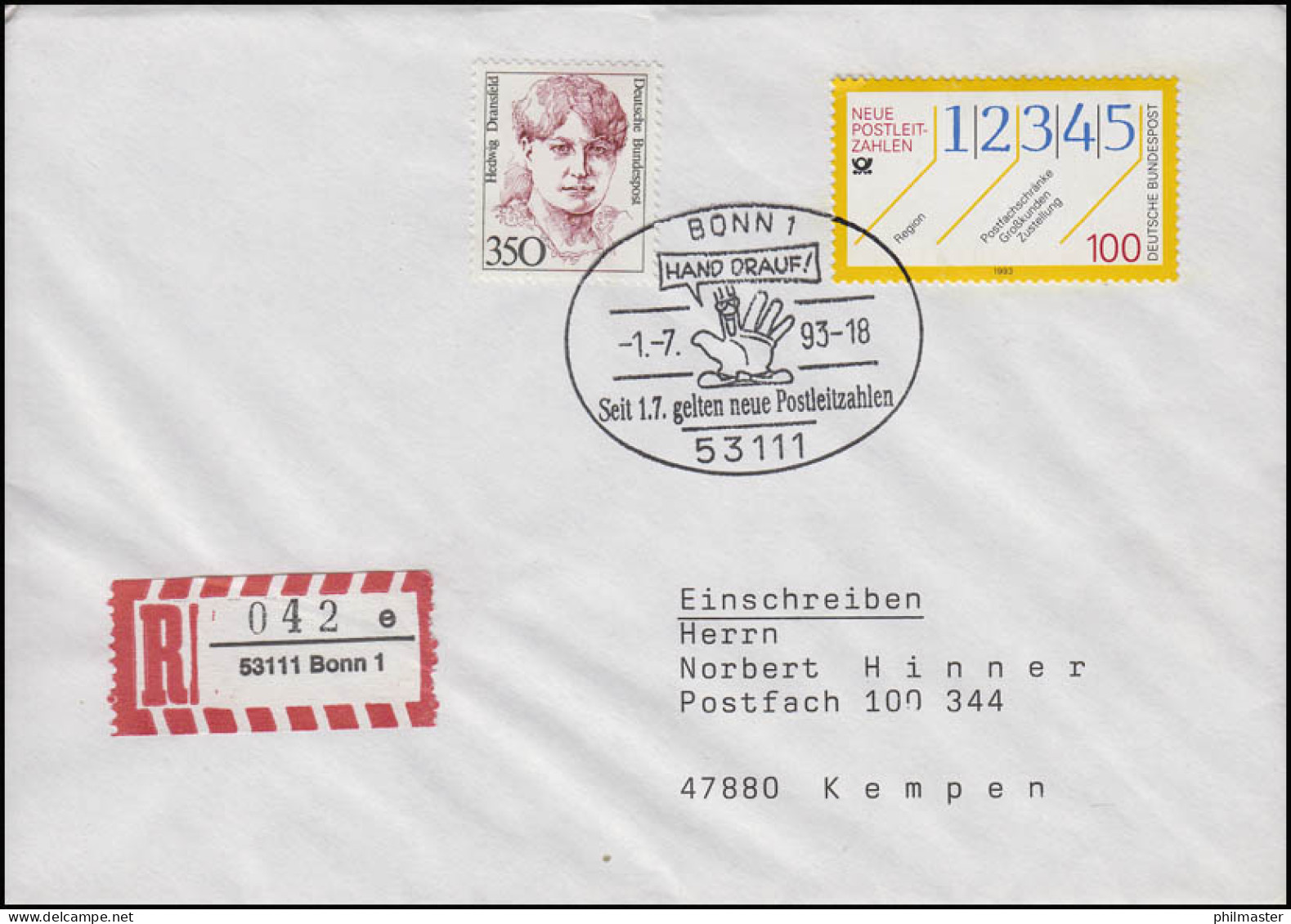 1659 Postleitzahlen MiF R-Bf SSt Bonn Rolf Hand Drauf! Seit 1.7. Neue PLZ 1.7.93 - Correo Postal