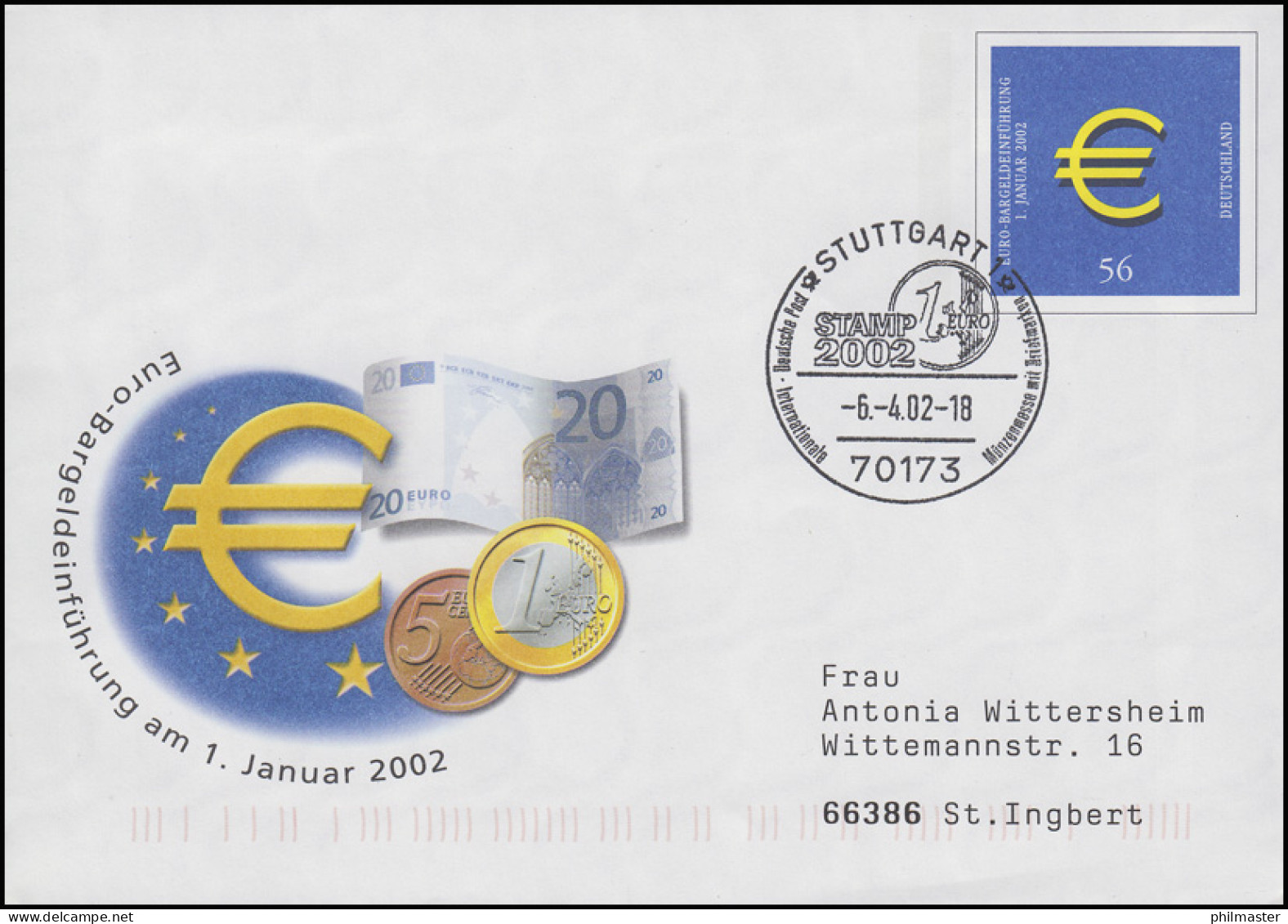 USo 33/01 Euro-Bargeldeinführung, SSt Stuttgart STAMP 2002 & Euro 6.4.2002 - Münzen