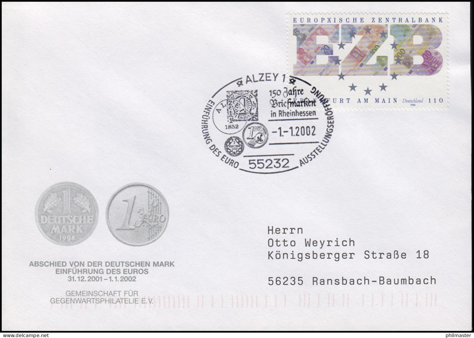 2000 EZB Europäische Zentralbank, Bf SSt Alzey Einführung Des Euro 1.1.2002 - Coins