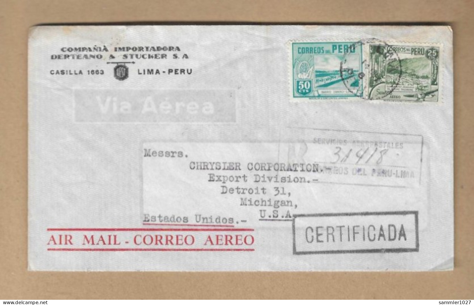 Los Vom 20.04 - Heimatbeleg Aus Peru Nach Detroit 1948 Einschreiben - Peru