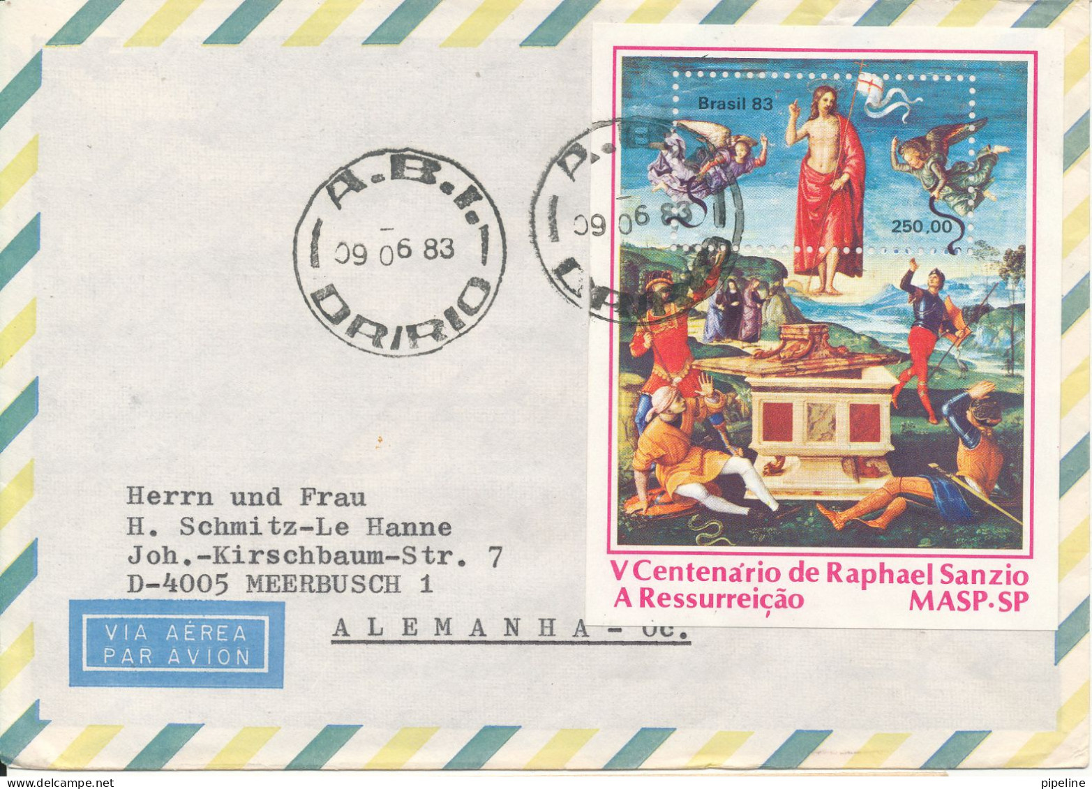 Brazil Air Mail Cover Sent To Germany 9-6-1983 With Souvenir Sheet Raphael Sanzio Resurrection - Luftpost