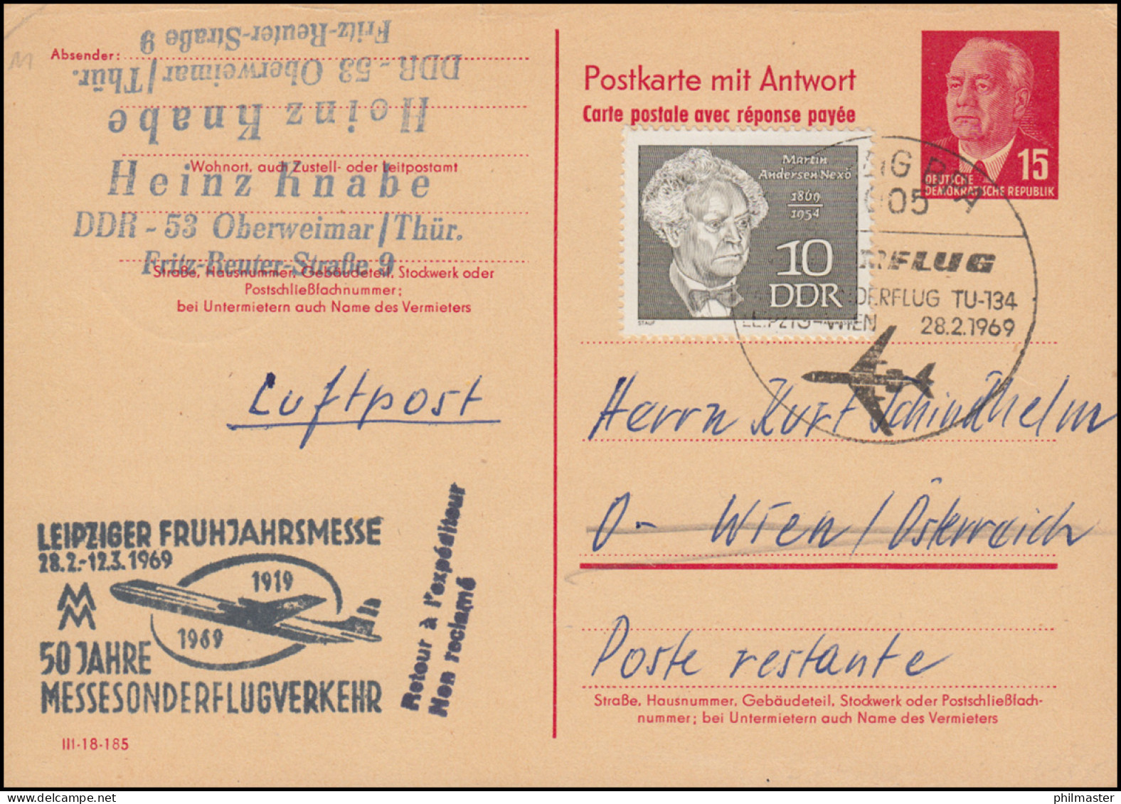 Messesonderflugverkehr INTERFLUG Sonderflug Leipzig-Wien SSt 28.2.69 Auf P 65aF - Correo Aéreo