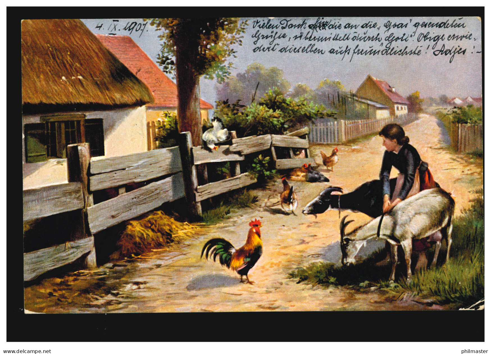 Künstler-AK Dorfidylle Hühner Und Ziegen, INNSBRUCK 4.9.1907 Nach INNICHEN 4.9. - Autres & Non Classés