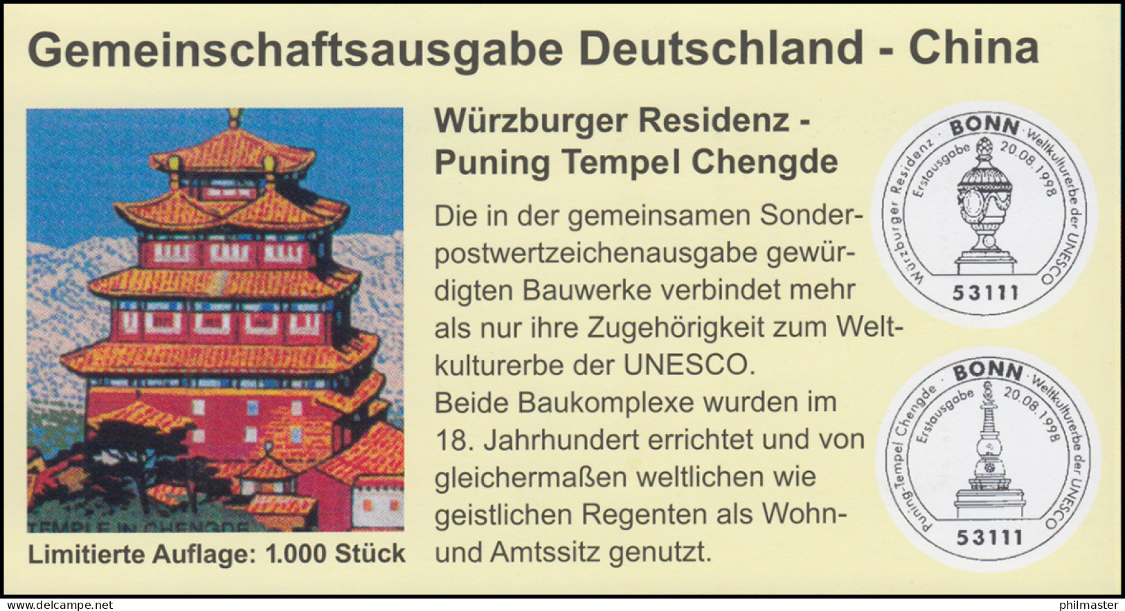 UNESCO 1998 D / China - Würzburger Residenz / Puning, Markenheftchen ESST BONN - Emissions Communes