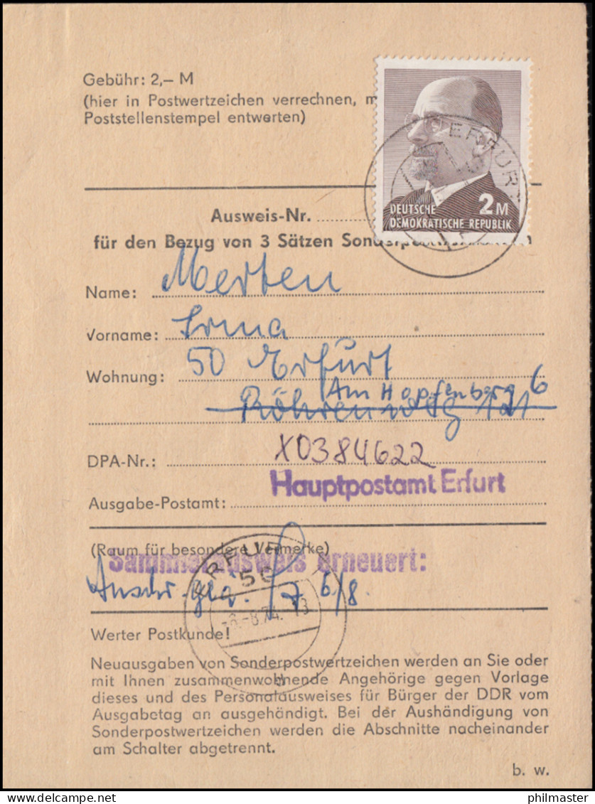 1482 Ulbricht 2,- M Auf DDR-Sammlerausweis Für 3 Sätze, Erneuert ERFURT 6.8.1974 - Briefe U. Dokumente
