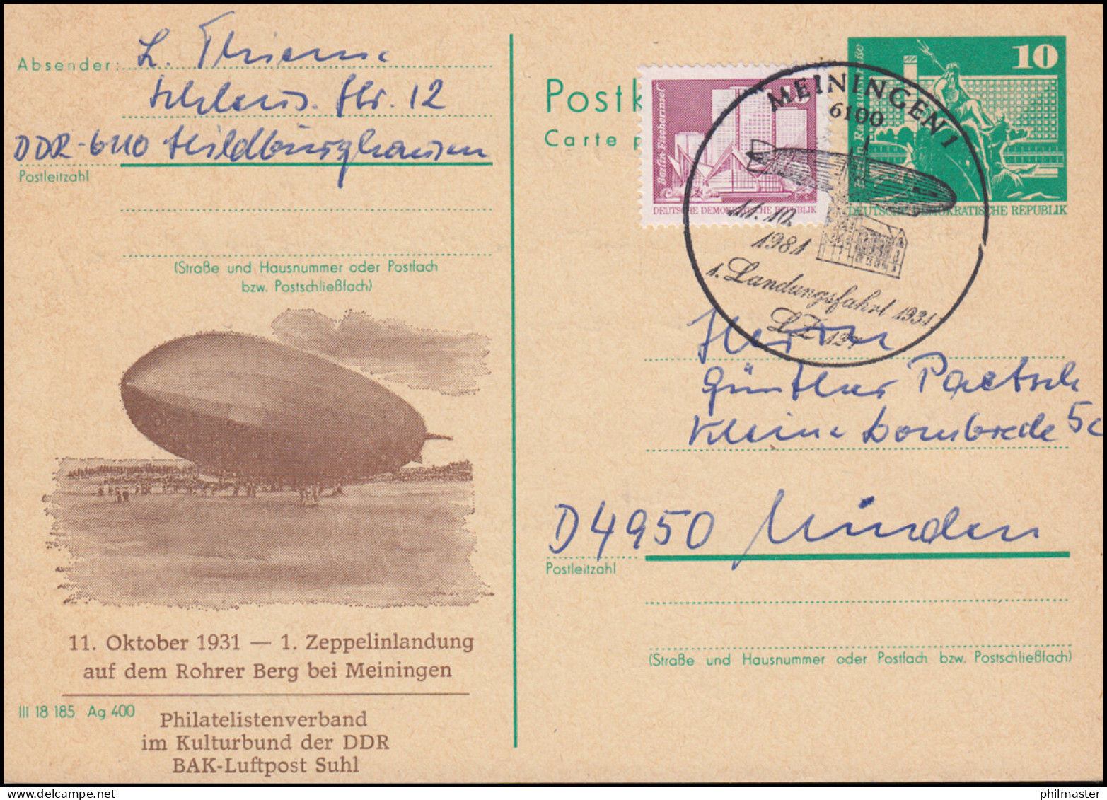 DDR P 79 Zudruck 1. Zeppelinlandung Auf Dem Rohrer Berg SSt MEININGEN 11.10.1981 - Zeppelin