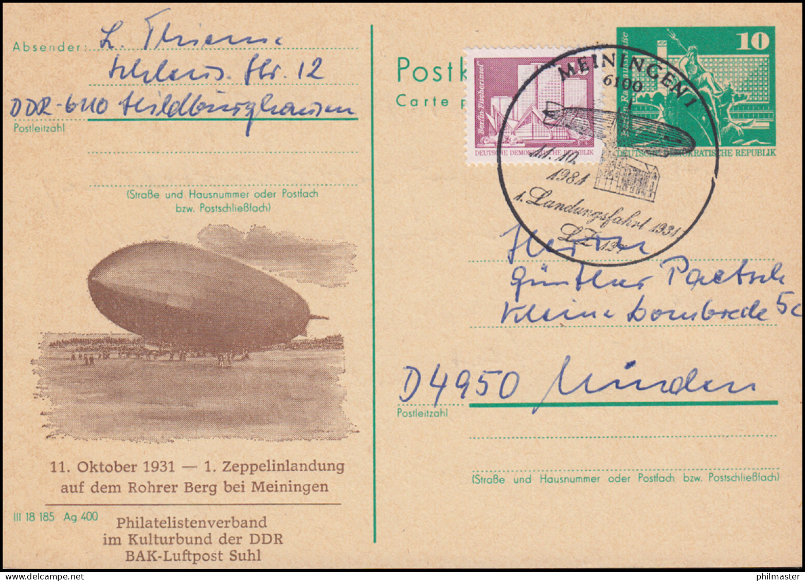 DDR P 79 Zudruck 1. Zeppelinlandung Auf Dem Rohrer Berg SSt MEININGEN 11.10.1981 - Zeppelins