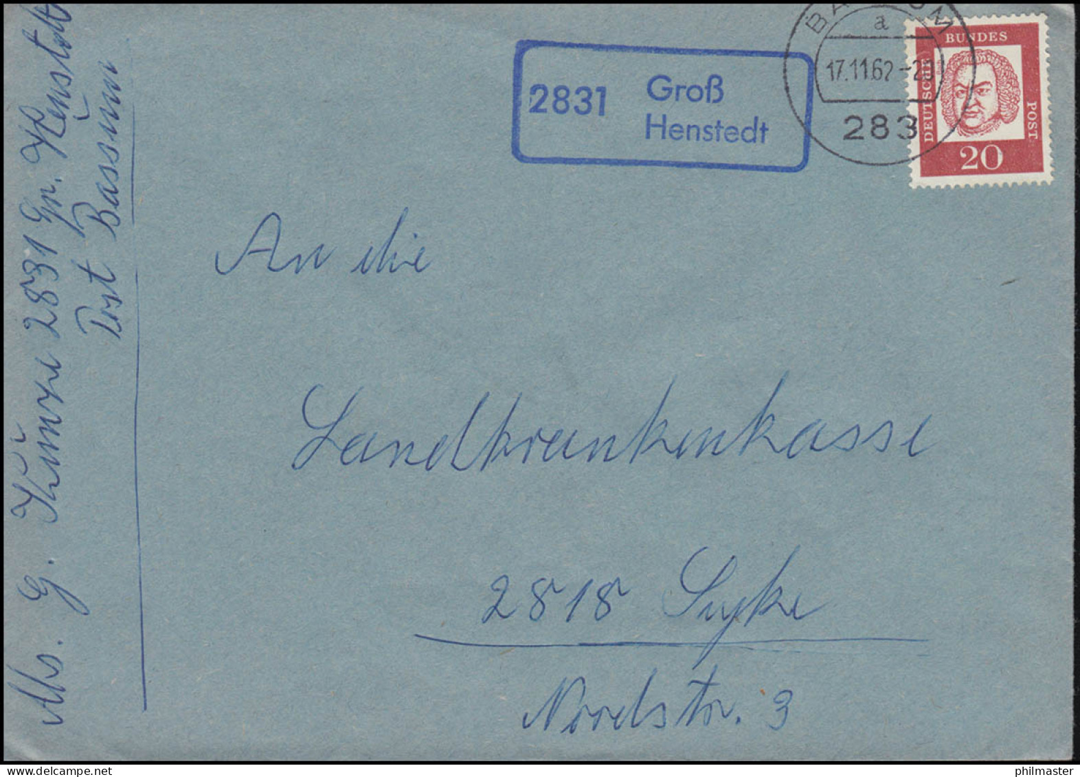 Landpost-Stempel 2831 Groß Henstedt Auf Brief BASSUM 17.11.1962 Mit PLZ-Vignette - Autres & Non Classés