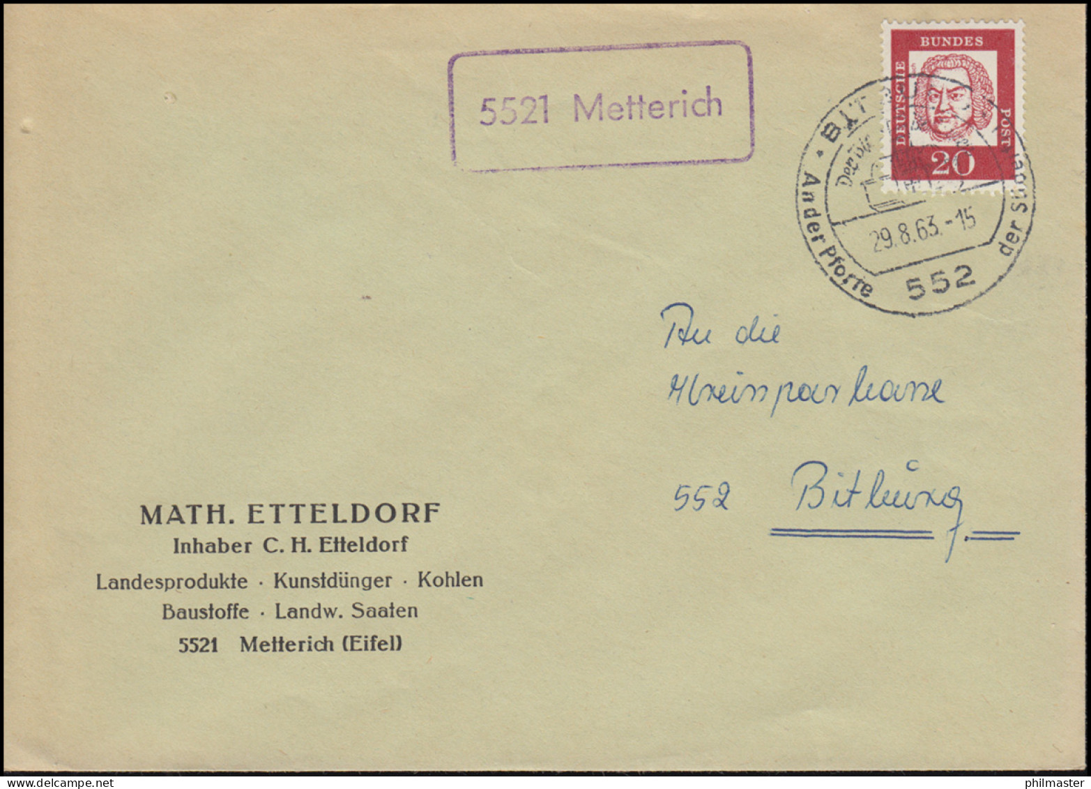 Landpost-Stempel 5521 Metterich Auf Brief SSt BITBURG Der Bier-Brunnen 29.8.1963 - Autres & Non Classés