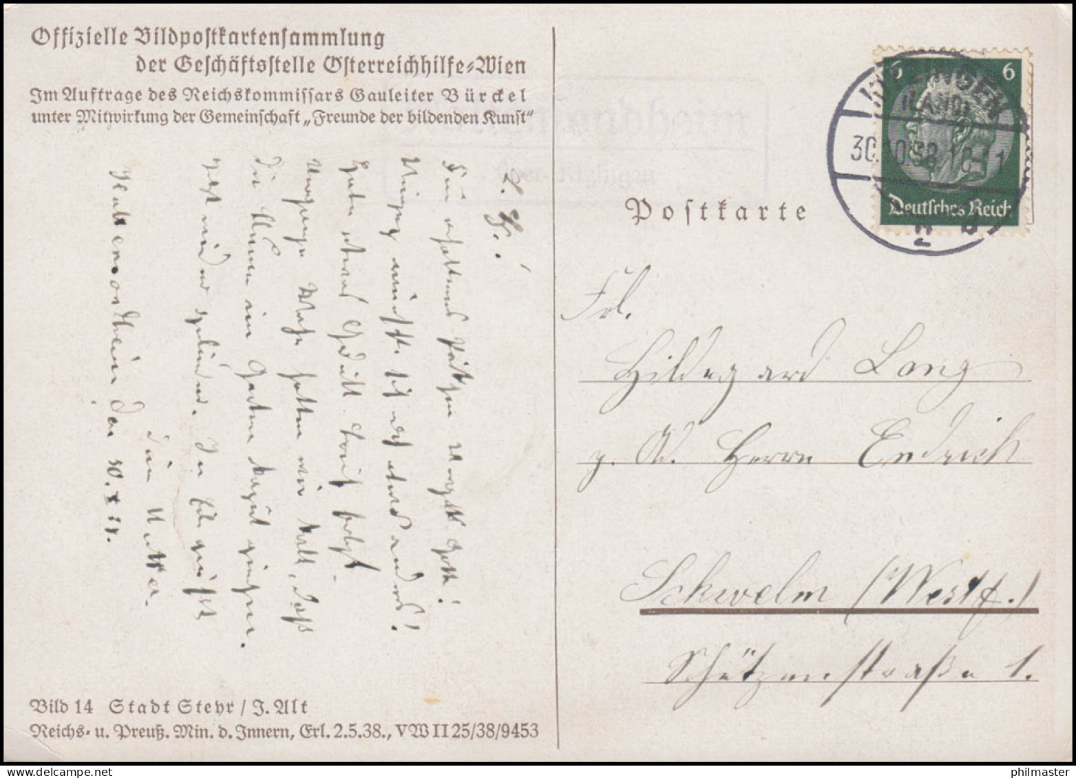 Landpost-Stempel Kaltensondheim über KITZINGEN 30.10.1938 Auf AK Stadt Steyr - Lettres & Documents
