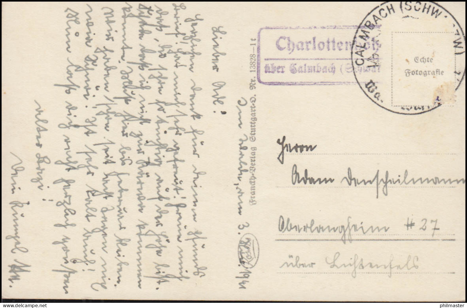 Landpost-Stempel Charlottenhöhe über Calmbach Auf Passender AK SSt CALMBACH 1941 - Lettres & Documents