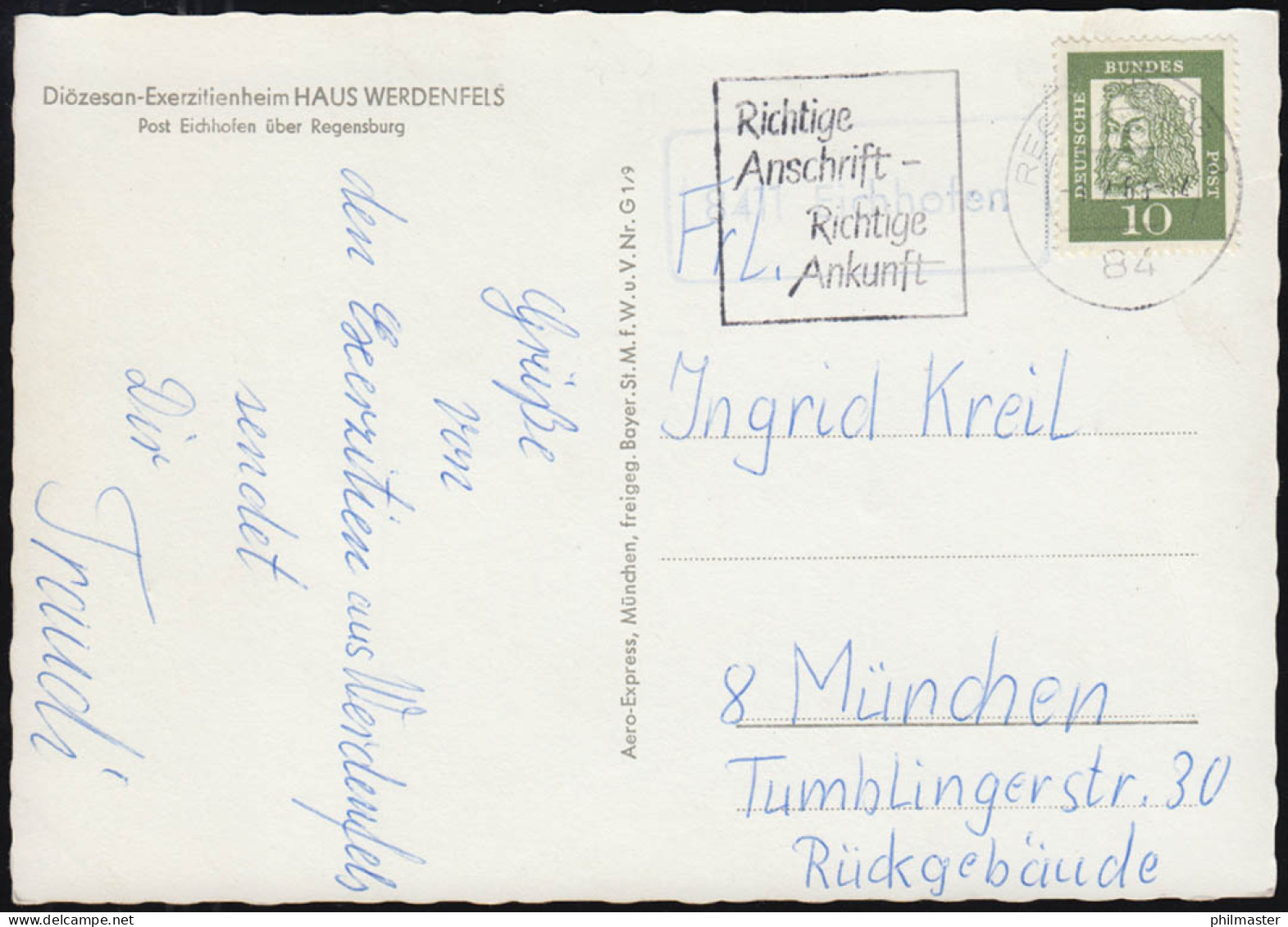 Landpost-Stempel 8411 Eichhofen Auf AK Haus Werdenfels, REGENSBURG 2 - 1.3.1963 - Autres & Non Classés