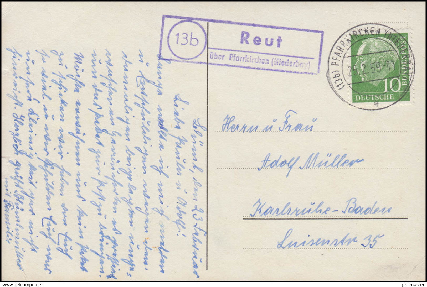 Landpost-Stempel Reut über PFARRKIRCHEN (NIEDERBAY.) 25.2.1959 Auf Passener AK - Autres & Non Classés