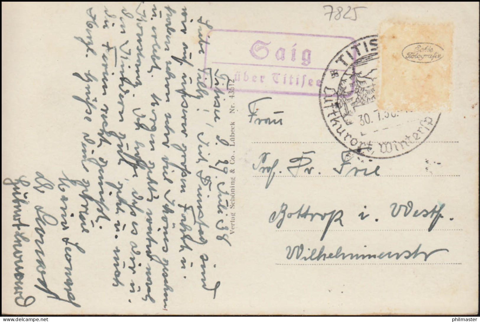 Landpost-Stempel Saig über Titisee Auf Passender AK SSt TITISEE Luftkurort 1938 - Lettres & Documents