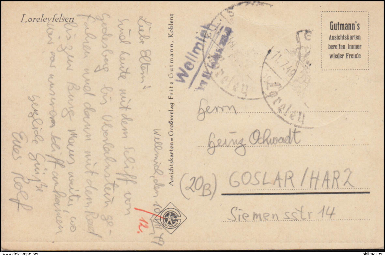 Landpost-Stempel Wellmich über St. Goarshausen Auf AK Loreleyfeksen SSt 11.7.49 - Autres & Non Classés