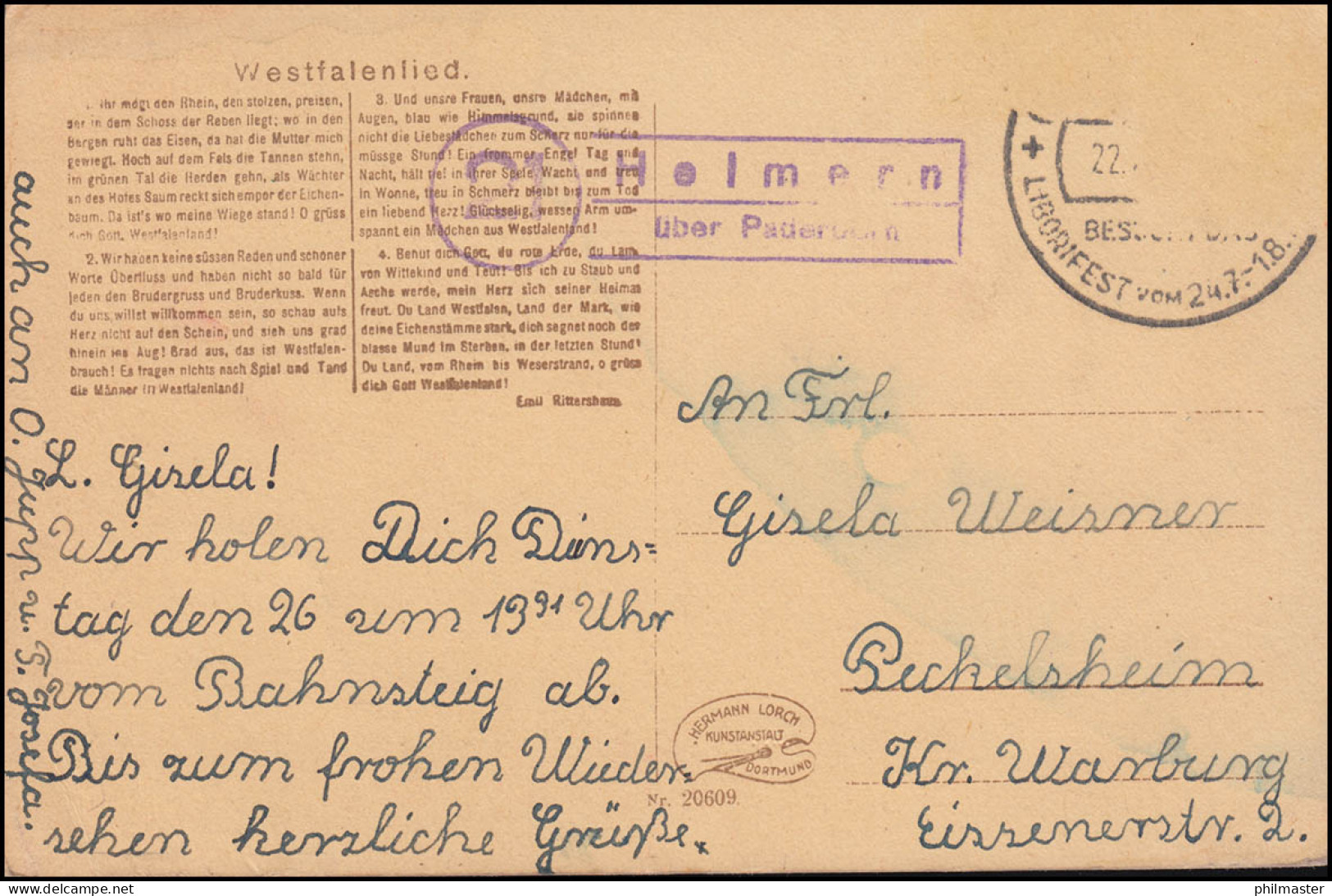 Landpost-Stempel Helmern über Paderborn Auf AK Westfalenlied, SSt Liborifest - Autres & Non Classés