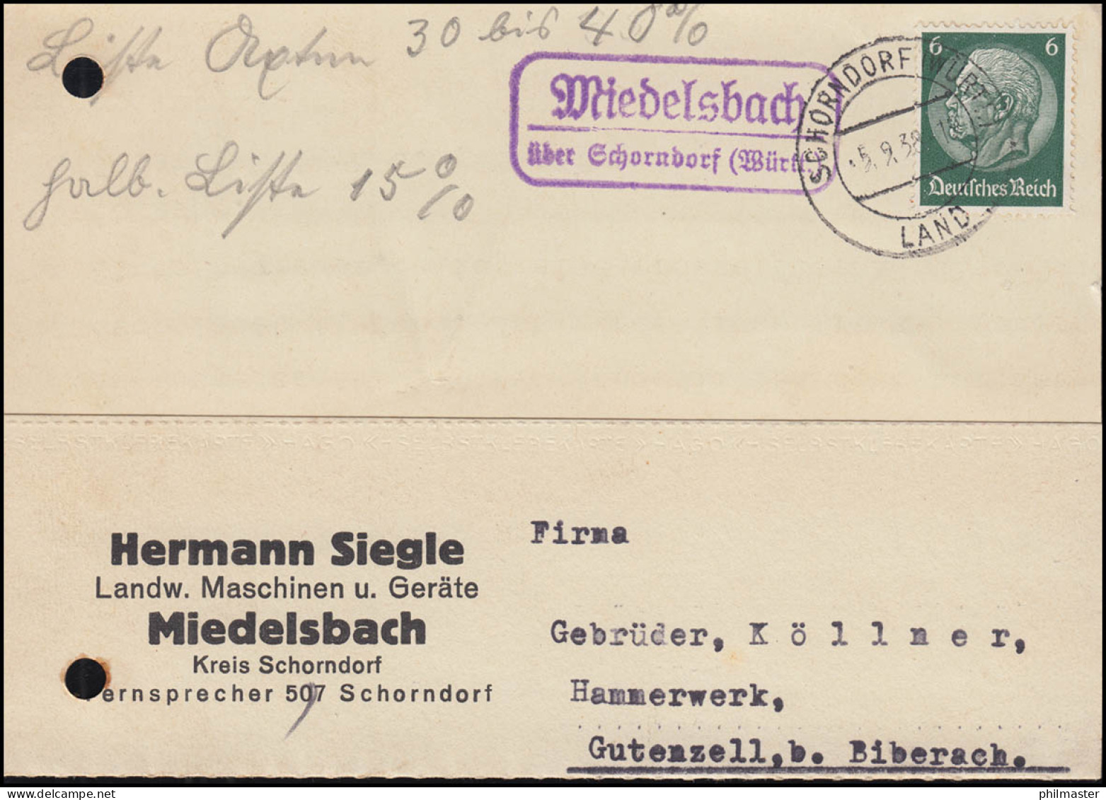 Landpost-Stempel Miedelsbach über SCHORNDORF (WÜRTT) LAND 5.9.1938 Auf Postkarte - Lettres & Documents