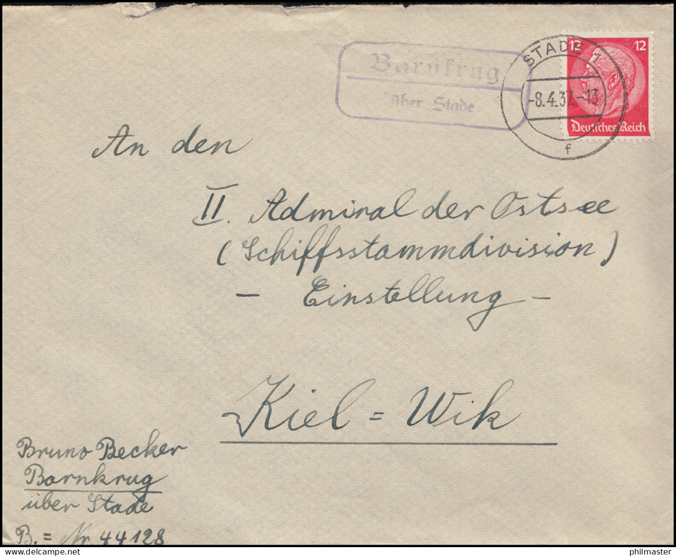 Landpost-Stempel Barnkrug über STADE 1 - 8.4.1937 Brief Nach Kiel-Wik - Lettres & Documents