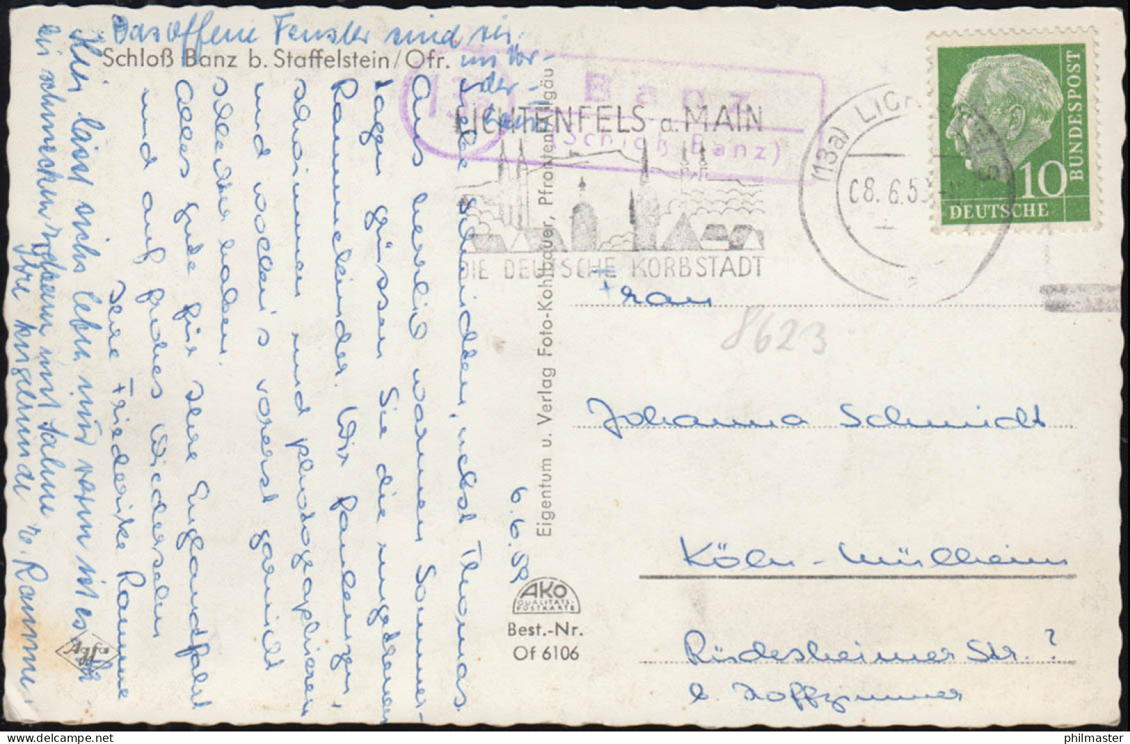 Landpost-Stempel Banz (Schloss Banz) Auf Passender AK, LICHTENFELS 8.6.1959 - Autres & Non Classés