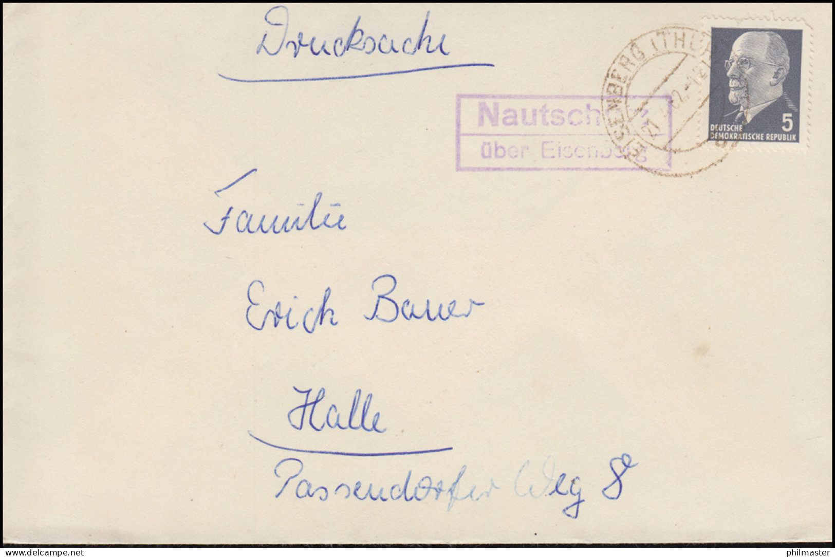 Landpost-Stempel Nautschütz über EISENBERG (THÜRINGEN) 21.4.1962 Auf Drucksache - Autres & Non Classés