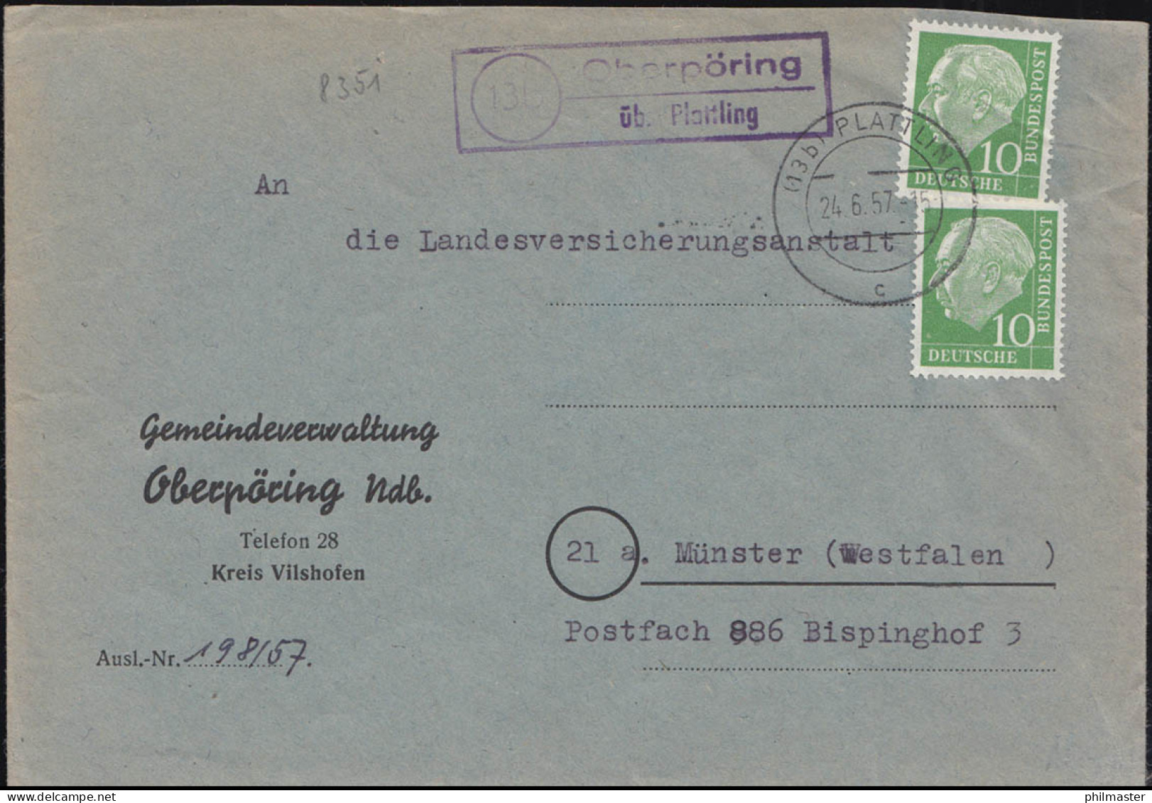 Landpost-Stempel Oberpöring über PLATTLING 24.6.1957 Auf Brief - Autres & Non Classés