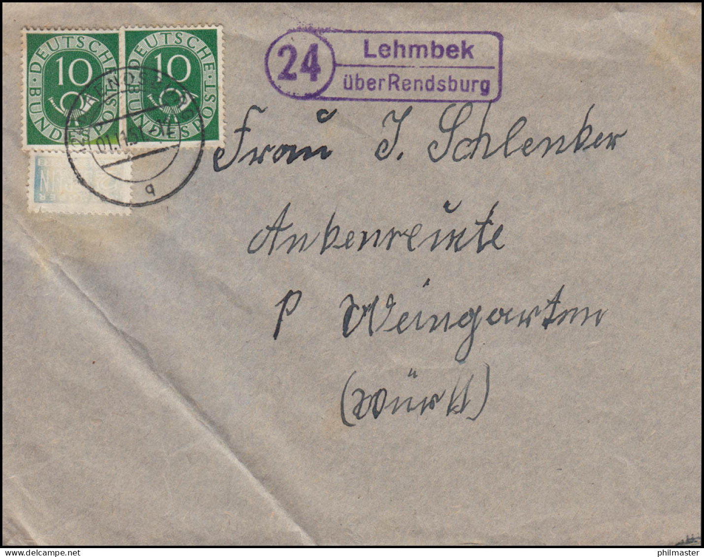 Landpost-Stempel Lembek über RENDSBURG 1.11.1951 Auf Brief Mit Notopfermarke - Autres & Non Classés