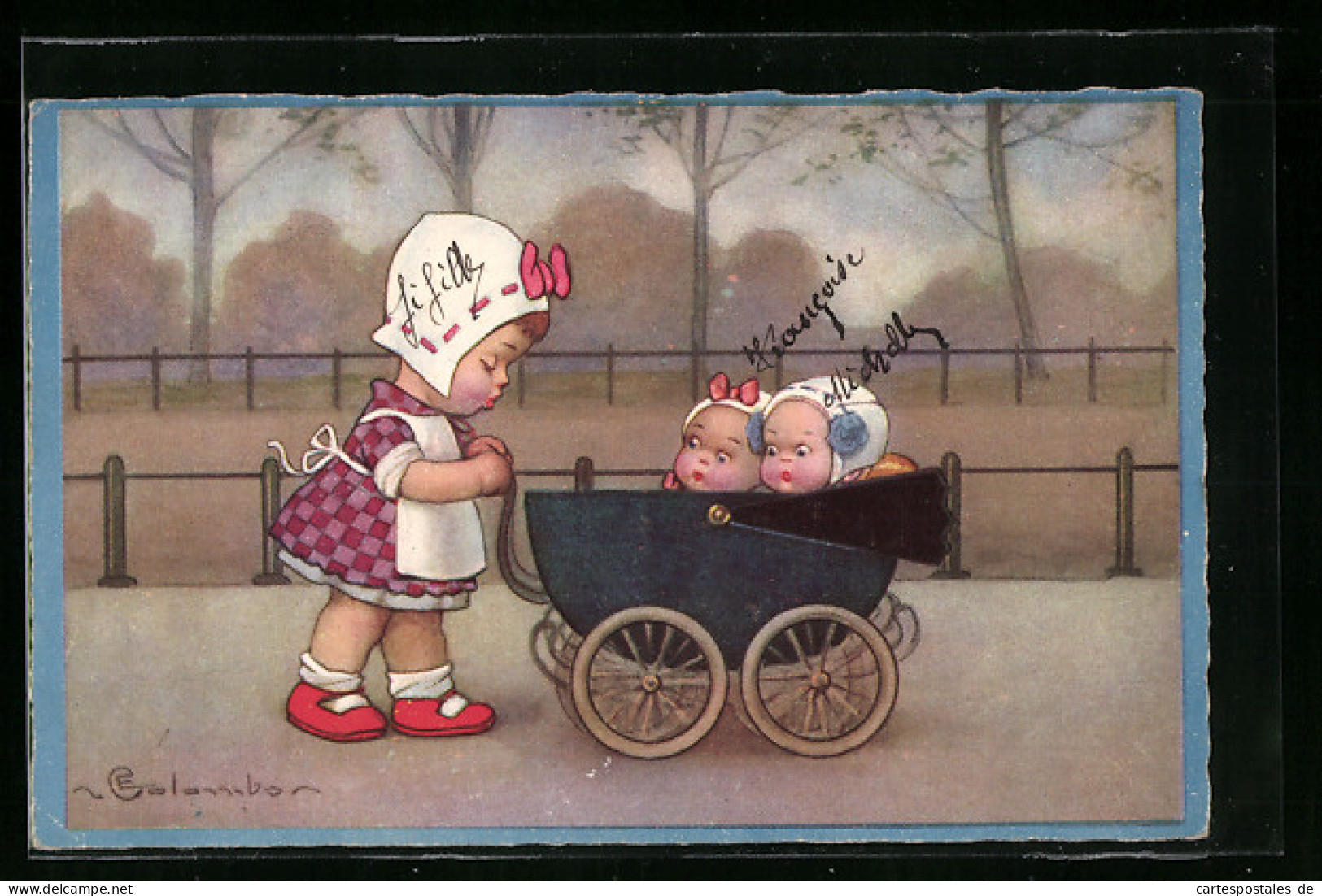 Künstler-AK E. Colombo: Mädchen Schiebt Ihren Puppenwagen  - Colombo, E.