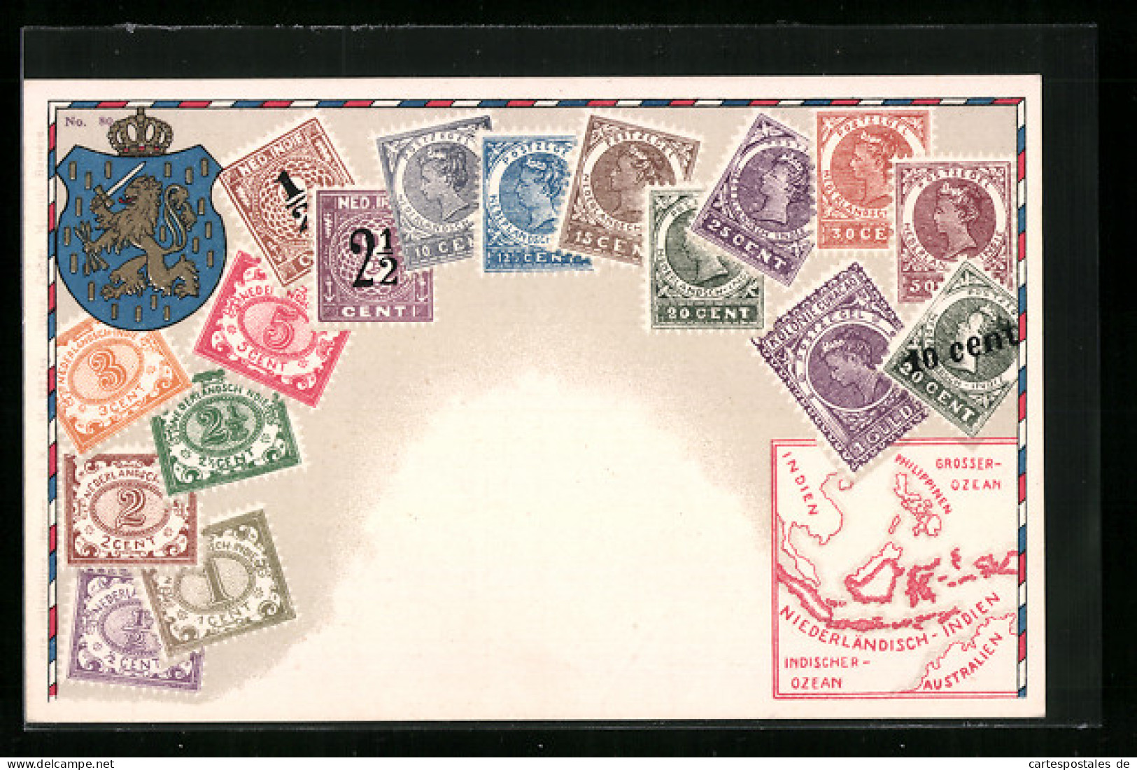 Künstler-AK Briefmarken Von Niederländisch-Indien, Wappen  - Postzegels (afbeeldingen)